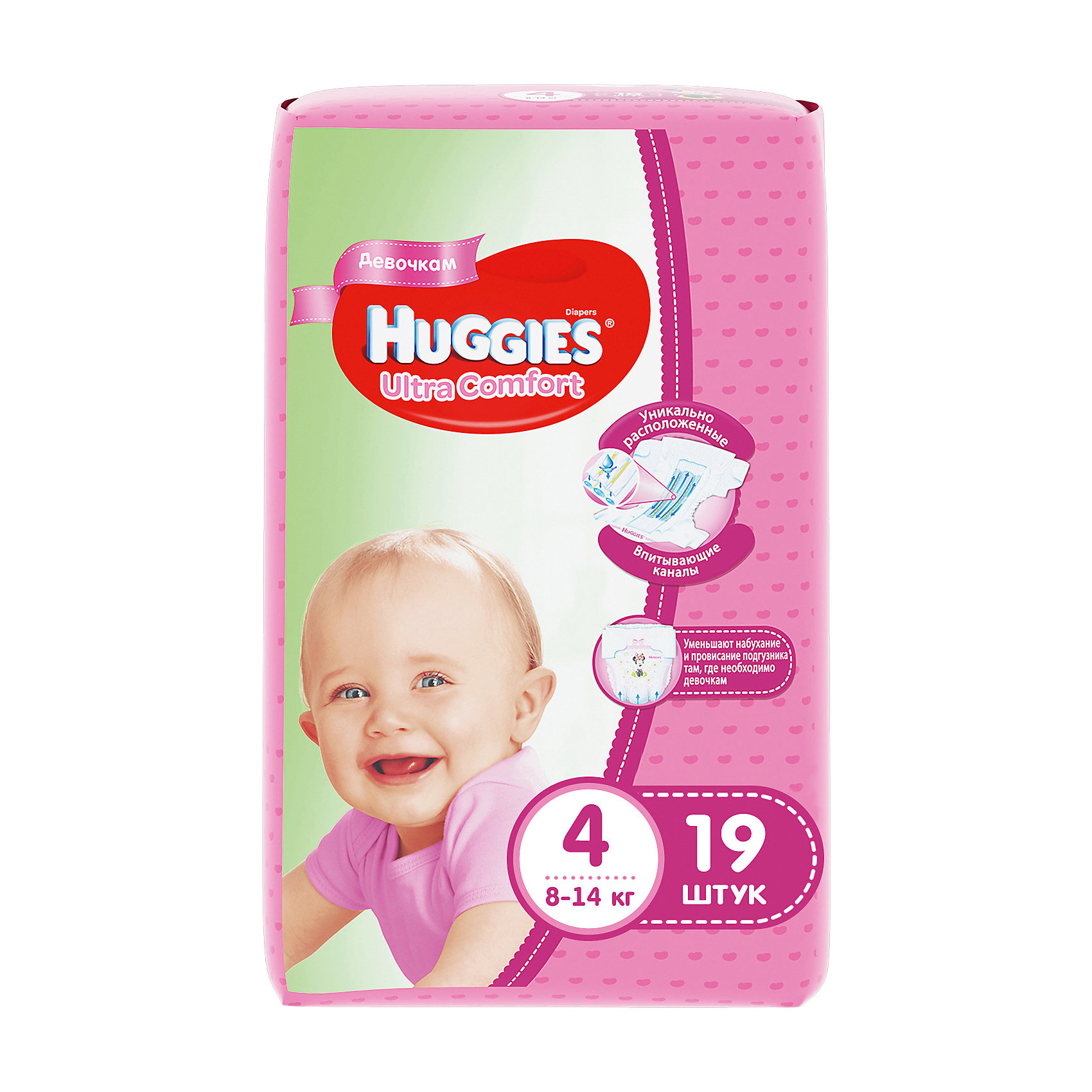 Подгузники Ultra Comfort для девочек 4, 8-14 кг, 19шт., Huggies Подгузники Ultra Comfort для девочек 4, 8-14 кг, 19шт., HuggiesПодгузники классические<br>Подгузники Ultra Comfort Huggies созданы специально для девочек! <br>Для более быстрого впитывания распределяющий слой в этих подгузниках расположен там, где это нужнее всего. Так же, подгузники изготовлены из специальных мягких материалов с микропорами, которые позволяют коже «дышать». А тянущиеся застежки с закругленными краями надежно фиксируют подгузник, широкий эластичный пояс позволяет малышам свободно двигаться.<br><br>А яркий дизайн будет постоянно радовать маленькую модницу!<br><br>Дополнительна информация:<br><br>- Возраст: с 6 месяцев.<br>- Вес ребенка: от 8 до 14 кг.<br>- Кол-во в упаковке: 19 шт.<br>- Вес в упаковке: 627 г.<br><br>Купить подгузники Ultra Comfort для девочек 4 от Huggies, можно в нашем магазине.<br><br>Ширина мм: 220<br>Глубина мм: 130<br>Высота мм: 110<br>Вес г: 627<br>Возраст от месяцев: 6<br>Возраст до месяцев: 24<br>Пол: Женский<br>Возраст: Детский<br>SKU: 4861823