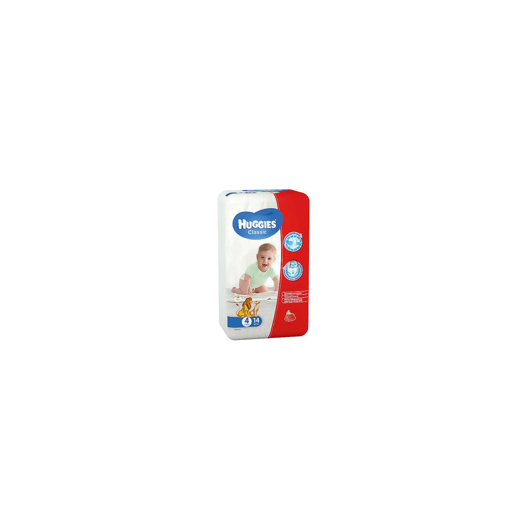 Подгузники Classic 4, 7-18 кг, 14шт., Huggies Подгузники Classic 4, 7-18 кг, 14шт., HuggiesПодгузники классические<br>Это подгузники с технологией защиты от протекания 360° впитывают до 12 часов!<br>Подгузники Huggies Classic, сделаны из специальных мягких дышащих материалов, заботятся о комфорте вашего ребенка. А специальный блок-гель в подгузниках запирает влагу до 12 часов, сохраняя кожу ребенка сухой, а технология 360° - это мягкие эластичные барьеры и тянущийся пояс, который помогает предотвратить протекания вокруг ножек и по спинке. <br><br>Ваш малыш будет в восторге от подгузников Huggies Classic!<br><br>Дополнительная информация:<br><br>- Возраст: с 6 месяцев.<br>- Вес ребенка: от 7 до 18 кг.<br>- Кол-во в упаковке: 14 шт.<br>- Вес в упаковке: 5448 г.<br><br>Купить подгузники Huggies Classic 4 можно в нашем магазине.<br><br>Ширина мм: 424<br>Глубина мм: 300<br>Высота мм: 246<br>Вес г: 5448<br>Возраст от месяцев: 6<br>Возраст до месяцев: 36<br>Пол: Унисекс<br>Возраст: Детский<br>SKU: 4861830