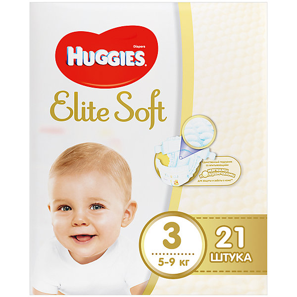 Подгузники Huggies Elite Soft 3, 5-9 кг, 21 шт. Подгузники Huggies Elite Soft 3, 5-9 кг, 21 шт.Подгузники классические<br>Новаторская разработка Huggies – это супер-мягкий слой подгузников Текстор с подушечками, который обеспечивают невероятную мягкость и создают специальную нежную преграду между кожей ребенка и жидким стулом. <br><br>Свойства:<br>- Мягкий суперэластичный пояс для лучшего прилегания.<br>- Застежки легко застегиваются и расстегиваются в любом месте подгузника.<br>- Содержит натуральный 100%-ный хлопок.<br>- Пористые материалы позволяют коже дышать.<br>- Внутренний кармашек помогает предотвратить протекание.<br>- Новый супер мягкий слой SoftAbsorb впитывает жидкий стул и влагу за секунды, помогая сохранить кожу сухой.<br>- Новые мягкие подушечки создают нежную преграду между кожей малыша и жидким стулом.<br>- Индикатор влаги меняет цвет, когда подгузник намокает.<br><br>Дополнительная информация:<br><br>- Возраст: с рождения.<br>- Вес ребенка: от 5 до 9 кг.<br>- Кол-во в упаковке: 21 шт.<br>- Вес в упаковке: 654 г.<br><br>Купить подгузники Elite Soft 3 от Huggies можно в нашем магазине.<br><br>Ширина мм: 208<br>Глубина мм: 175<br>Высота мм: 105<br>Вес г: 654<br>Возраст от месяцев: 0<br>Возраст до месяцев: 9<br>Пол: Унисекс<br>Возраст: Детский<br>SKU: 4861839