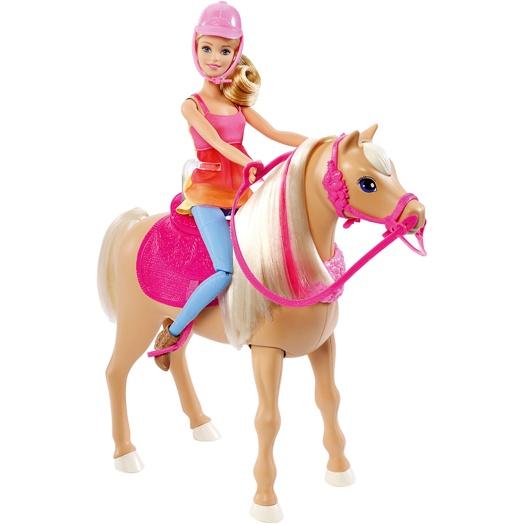 Barbie и танцующая лошадка Barbie и танцующая лошадкаПопулярные игрушки<br>Barbie и танцующая лошадка - чудесный игровой набор, который вызовет восторг у Вашей девочки, поклонницы кукол Barbie.<br>Кукла Барби и ее лошадка танцуют вместе! Помнишь финальную сцену из мультфильма «Barbie и сестры: охота за щенками»? Лошадка может проигрывать три разные мелодии и танцевать. Поставь Барби рядом с лошадкой или посади куклу верхом, нажми кнопочку, спрятанную в гриве лошадки, и смотри, как они двигаются в такт музыки. Лошадка также может танцевать одна.<br><br>Дополнительная информация:<br><br>- В наборе: кукла Barbie с нарядом и аксессуарами (включая шлем), танцующая лошадка с розовым седлом (не снимается), ошейником, уздечкой, поводьями<br>- Кукла не может стоять или танцевать самостоятельно<br>- Цвета и украшения могут отличаться<br>- Материал: пластик, текстиль<br>- Батарейки: 4 типа AAA (в комплект не входят)<br>- Размер упаковки: 11,5х45,5х32,5 см.<br>- Вес: 1,134 кг.<br><br>Игровой набор Barbie и танцующая лошадка можно купить в нашем интернет-магазине.<br><br>Ширина мм: 115<br>Глубина мм: 455<br>Высота мм: 325<br>Вес г: 1134<br>Возраст от месяцев: 36<br>Возраст до месяцев: 120<br>Пол: Женский<br>Возраст: Детский<br>SKU: 4865287