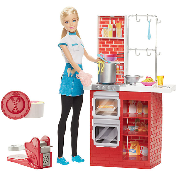 Игровой набор Шеф итальянской кухни с куклой, Barbie Игровой набор Шеф итальянской кухни с куклой, BarbieМебель для кукол<br>Игровой набор Шеф итальянской кухни с куклой, Barbie - чудесный набор, который вызовет восторгу у Вашей девочки, поклонницы кукол Barbie.<br>Игровой набор Barbie позволит тебе примерить на себя новую профессию! Как насчет шефа итальянской кухни? Кукла Барби выглядит как настоящий шеф-повар. На ней белая кофточка, голубой фартук с кармашками, черные брюки, на ногах – удобные голубые туфли, в руках – прихватка. Барби предстоит приготовить на обед спагетти и фрикадельки. Для этого в игровом наборе предусмотрены необходимые аксессуары: пластилин, специальный инструмент для изготовления спагетти (паста-машина), большая кастрюля, форма для запекания, плита с духовым шкафом, столовые приборы. Для хранения аксессуаров имеется множество удобных полок и крючки. Для реализма в игровые элементы включены бутылки с соком, стаканчики и блендер.<br><br>Дополнительная информация:<br><br>- В наборе: кукла Barbie, кухонная стойка, тематические принадлежности, пластилин 2 цветов, аксессуары<br>- Кукле требуется подставка<br>- Цвета и украшения могут отличаться<br>- Материл: пластик, текстиль<br>- Размер упаковки: 7,5х33х32,5 см.<br>- Вес: 870 гр.<br><br>Игровой набор Шеф итальянской кухни с куклой, Barbie можно купить в нашем интернет-магазине.<br><br>Ширина мм: 75<br>Глубина мм: 330<br>Высота мм: 325<br>Вес г: 807<br>Возраст от месяцев: 36<br>Возраст до месяцев: 120<br>Пол: Женский<br>Возраст: Детский<br>SKU: 4865288
