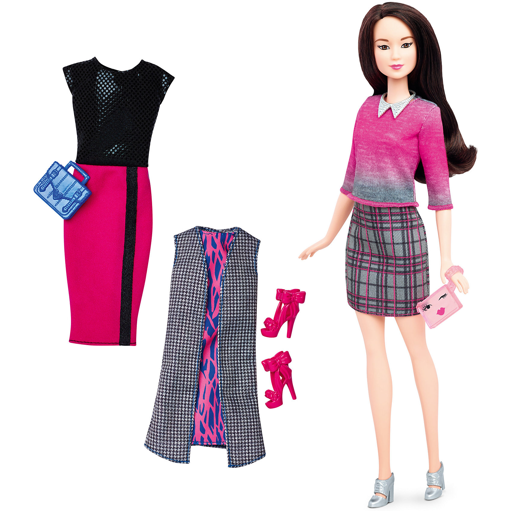 Кукла + набор одежды, Barbie Кукла + набор одежды, BarbieBarbie<br>Кукла + набор одежды, Barbie - потрясающая игрушка от компании Mattel.<br>Такая куколка непременно привлечет внимание Вашей девочки. Красавица Барби имеет светлую кожу и длинные прямые волосы каштанового цвета, которые так легко расчесывать и укладывать в разные прически. В наборе представлен повседневный образ в виде клетчатой юбки - карандаш и ярким свитером, романтичный - малиновое платье с длинным жакетом и вечерний - платье с яркой юбкой и верхом в пайетках. Голова и конечности игрушки подвижны, благодаря чему она может принимать различные позы. Изделие выполнено из высококачественных материалов и является совершенно безопасным для здоровья ребенка.<br>Порадуйте свою девочку таким подарком - Кукла + набор одежды, Barbie!<br> В набор входит:<br>• кукла;<br>• платье;<br>• 2 сумки, 2 пары обуви;<br>• Два комплекта одежды.<br><br>Дополнительная информация:<br>• Материал: текстиль, пластик.<br>• Высота куклы 29 см.<br>• Размер упаковки: 25.5 x32,5x6 см.<br><br>Кукла + набор одежды, Barbie можно купить в нашем интернет- магазине.<br><br>Ширина мм: 60<br>Глубина мм: 255<br>Высота мм: 325<br>Вес г: 356<br>Возраст от месяцев: 36<br>Возраст до месяцев: 120<br>Пол: Женский<br>Возраст: Детский<br>SKU: 4865296