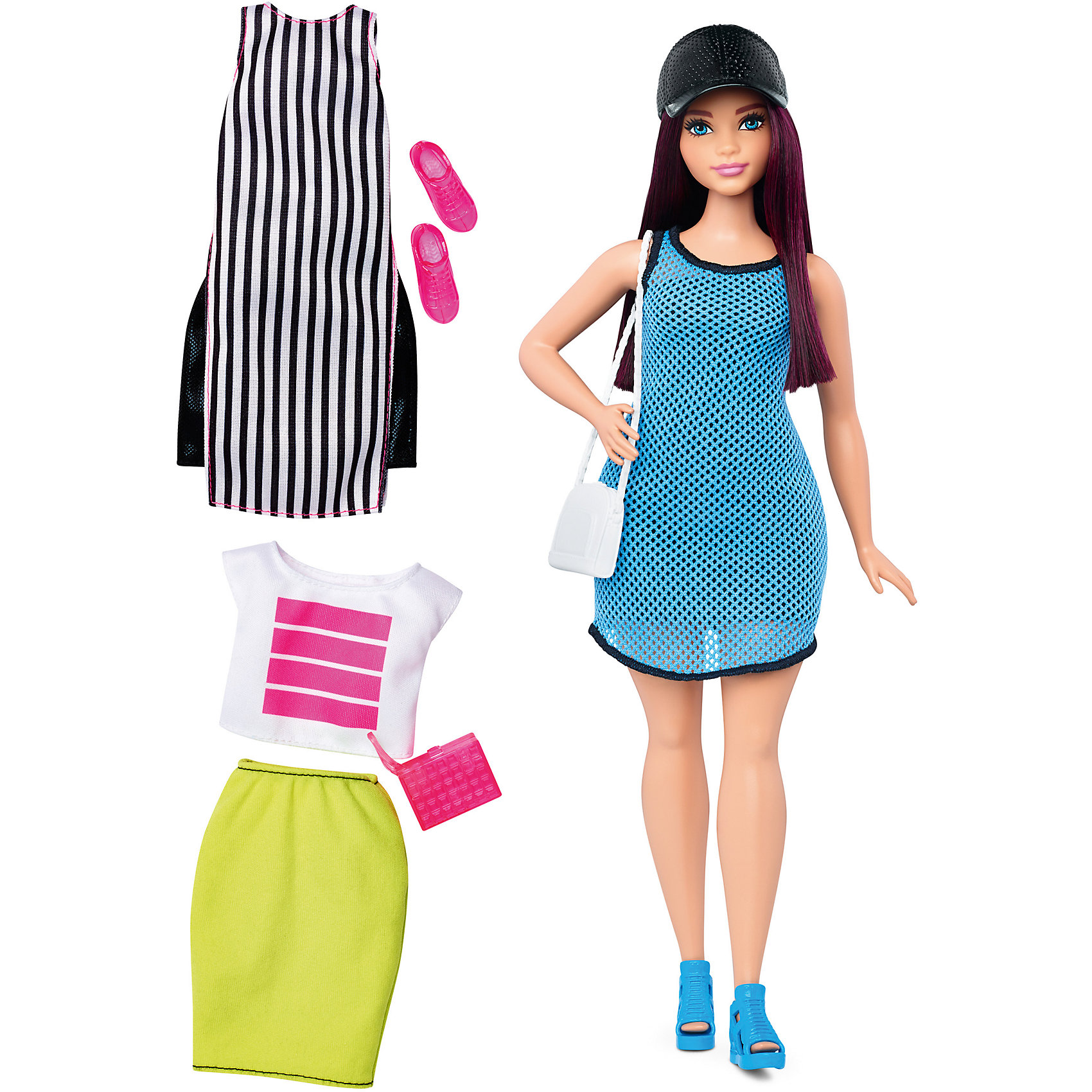 Кукла + набор одежды, Barbie Кукла + набор одежды, BarbieBarbie<br>Характеристики куклы Барби:<br><br>• высота куклы – 29 см;<br>• шарнирные руки куклы, поднимаются вверх и в стороны, одна рука Барби согнута в локте;<br>• ножки красавицы поднимаются и опускаются, Барби может занимать сидячую позу;<br>• голова куклы поворачивается;<br>• нейлоновые волосы куколки легко расчесываются, не путаются;<br>• наряды куклы Барби выполнены из полиэстера, одежда снимается;<br>• обувь Бабри пластиковая.<br><br>Летний образ куклы Барби представлен тремя комплектами одежды: два сарафана и юбка с футболкой. Девочки могут переодевать Барби, комбинировать детали гардероба, наряжать свою красавицу. <br><br>Комплектация игрового набора Mattel:<br><br>• кукла Барби;<br>• три комплекта одежды;<br>• босоножки, мокасины;<br>• 2 сумочки, кепка.<br><br>Куклу + набор одежды, Barbie можно купить в нашем интернет-магазине.<br><br>Ширина мм: 60<br>Глубина мм: 255<br>Высота мм: 325<br>Вес г: 356<br>Возраст от месяцев: 36<br>Возраст до месяцев: 120<br>Пол: Женский<br>Возраст: Детский<br>SKU: 4865298