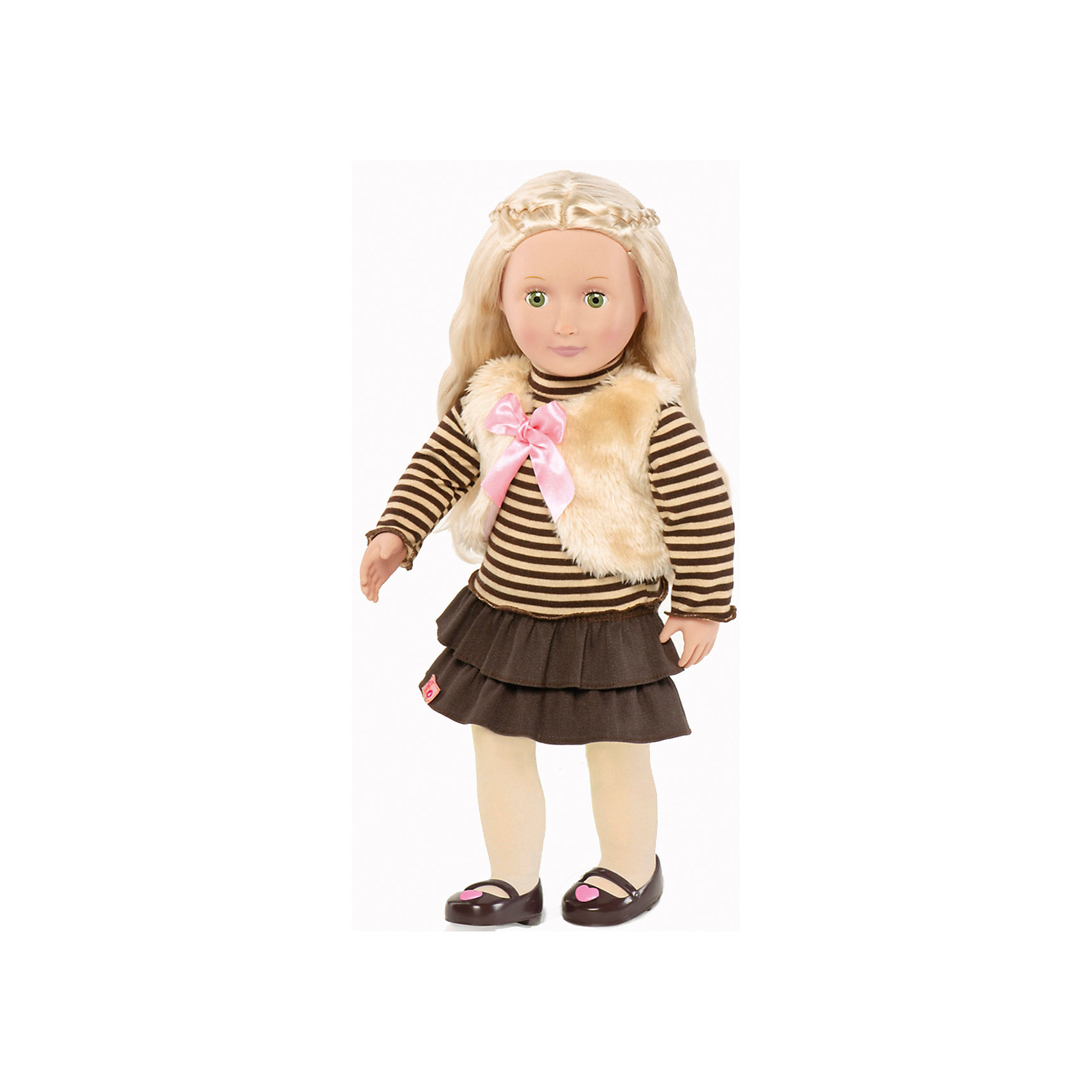Кукла Холли, 46 см, Our Generation Dolls Кукла Холли, 46 см, Our Generation DollsМягкие куклы<br>Кукла Холли, 46 см, Our Generation Dolls (Куклы нашего поколения) ? канадская торговая марка компании Battat, которая выпускает экологически безопасных кукол и аксессуары к ним. Куклы данного производителя отличаются выразительными взглядами, мягкими чертами лица. У них подвижные все части тела, глаза закрываются.<br>Холли – блондинка с шелковистыми и гладкими волосами и зелеными глазами. Комплект одежды Холли состоит из полосатой водолазки, вельветовой юбки с двойным воланом, светлых колготочек, коричневых туфелек. Поверх водолазки на куклу надет меховой жилет на завязках. Длинные волосы куклы позволяют ей делать разнообразные прически.<br>Кукла Холли, 46 см, Our Generation Dolls (Куклы нашего поколения) упакована в картонную коробку. Сюжетно-ролевые ишры с куклами учат девочку заботиться о близких и быть внимательной. <br><br>Дополнительная информация:<br><br>- Вид игр: сюжетно-ролевые<br>- Предназначение: для дома<br>- Материал: пластик, текстиль<br>- Высота куклы: 46 см<br>- Вес: 1 кг 100 г<br>- Особенности ухода: разрешается мыть в теплой мыльной воде<br><br>Подробнее:<br><br>• Для детей в возрасте: от 3 лет<br>• Страна производитель: Китай<br>• Торговый бренд: Our Generation Dolls<br><br>Куклу Холли, 46 см, Our Generation Dolls (Куклы нашего поколения) можно купить в нашем интернет-магазине.<br><br>Ширина мм: 24<br>Глубина мм: 13<br>Высота мм: 50<br>Вес г: 1500<br>Возраст от месяцев: 36<br>Возраст до месяцев: 2147483647<br>Пол: Унисекс<br>Возраст: Детский<br>SKU: 4871815