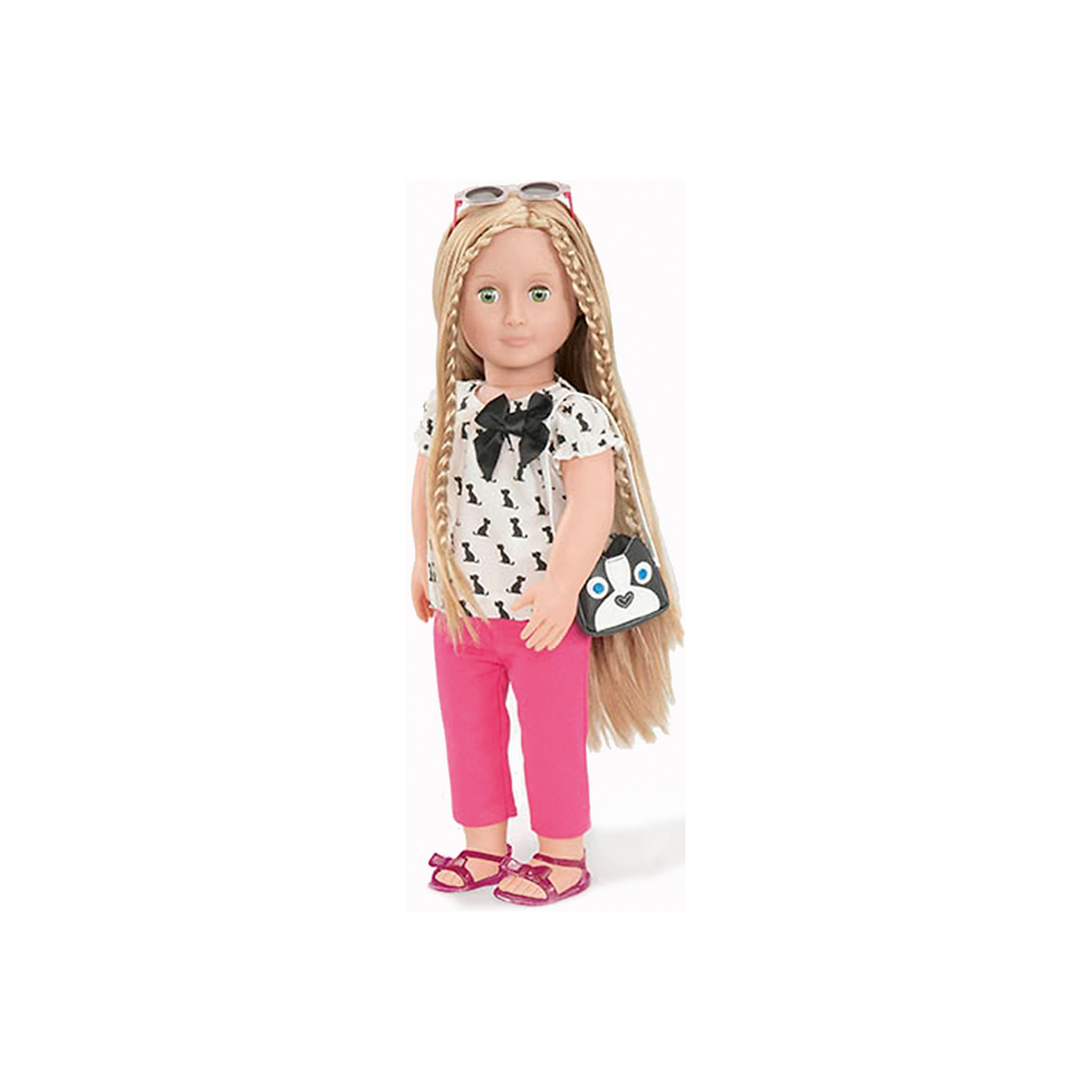 Кукла Бель, 46 см, Our Generation Dolls Кукла Бель, 46 см, Our Generation DollsКуклы-модели<br>Кукла Бель, 46 см, Our Generation Dolls (Куклы нашего поколения) ? канадская торговая марка компании Battat, которая выпускает экологически безопасных кукол и аксессуары к ним. Куклы данного производителя отличаются выразительными взглядами, мягкими чертами лица. У них подвижные все части тела, глаза закрываются.<br>Кукла Бель, 46 см, Our Generation Dolls (Куклы нашего поколения) – блондинка с шелковистыми гладкими волосами и зелеными глазами. Комплект летней одежды Бель состоит из блузки с коротким рукавом, у горловины завязан черный бант, розовых штанишек и босоножек. В комплекте с куклой имеются аксессуары: очки и сумочка. Сумочка выполнена в форме мордочки собачки, также силуэты собачек имеются на блузке. Длинные волосы куклы позволяют ей делать разнообразные прически.<br>Кукла Бель, 46 см, Our Generation Dolls (Куклы нашего поколения) упакована в подарочную картонную коробку. Играя в куклы, девочка учится заботиться о близких и быть внимательной. <br><br>Дополнительная информация:<br><br>- Вид игр: сюжетно-ролевые<br>- Предназначение: для дома<br>- Материал: пластик, текстиль<br>- Высота куклы: 46 см<br>- Вес: 1 кг 100 г<br>- Особенности ухода: разрешается мыть в теплой мыльной воде<br><br>Подробнее:<br><br>• Для детей в возрасте: от 3 лет<br>• Страна производитель: Китай<br>• Торговый бренд: Our Generation Dolls<br><br>Куклу Бель, 46 см, Our Generation Dolls (Куклы нашего поколения) можно купить в нашем интернет-магазине.<br><br>Ширина мм: 24<br>Глубина мм: 13<br>Высота мм: 51<br>Вес г: 1500<br>Возраст от месяцев: 36<br>Возраст до месяцев: 2147483647<br>Пол: Унисекс<br>Возраст: Детский<br>SKU: 4871816