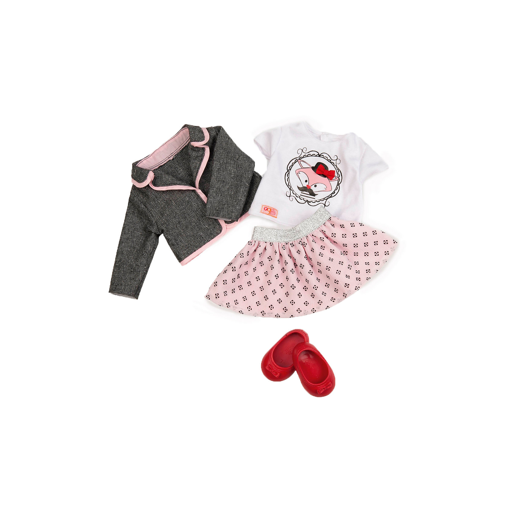 Одежда для куклы, 46 см, Our Generation Dolls Одежда для куклы, 46 см, Our Generation DollsКуклы-модели<br>Одежда для куклы, 46 см, Our Generation Dolls (Куклы нашего поколения). Our Generation Dolls (Куклы нашего поколения) ? канадская торговая марка компании Battat, которая выпускает экологически безопасных кукол и аксессуары к ним. Комплект одежды предназначен для куклы одноименной марки ростом 46 см, состоит из серого жакета с розовым кантом, белой майки с коротким рукавом и рисунком на груди, розовой юбочки в горошек и балеток. На одежде с левой стороны имеются фирменные лейблы. Весь комплект выполнен из материалов высокого качества, с ровными тщательно обработанными краями.<br>Реалистичность элементов одежды позволяет отработать навыки застегивания-расстегивания разного вида застежек.<br>Одежда для куклы, 46 см, Our Generation Dolls (Куклы нашего поколения) ? идеальное решение для подарка девочке на любой праздник. Комплект одежды упакован в картонную коробку, которая трансформируется в подарочный вариант.<br><br>Дополнительная информация:<br><br>- Вид игр: сюжетно-ролевые<br>- Предназначение: для дома<br>- Материал: качественный текстиль<br>- Размер: на куклу Our Generation Dolls ростом 46 см<br>- Комплектация: жакет, майка с рисунком, юбка, балетки, каталог одежды<br>- Цвет: серый, розовый, белый<br>- Особенности ухода: разрешается ручная стирка<br><br>Подробнее:<br><br>• Для детей в возрасте: от 3 лет<br>• Страна производитель: Китай<br>• Торговый бренд: Our Generation Dolls<br><br>Одежду для куклы, 46 см, Our Generation Dolls (Куклы нашего поколения) можно купить в нашем интернет-магазине.<br><br>Ширина мм: 22<br>Глубина мм: 4<br>Высота мм: 33<br>Вес г: 270<br>Возраст от месяцев: 36<br>Возраст до месяцев: 2147483647<br>Пол: Унисекс<br>Возраст: Детский<br>SKU: 4871819
