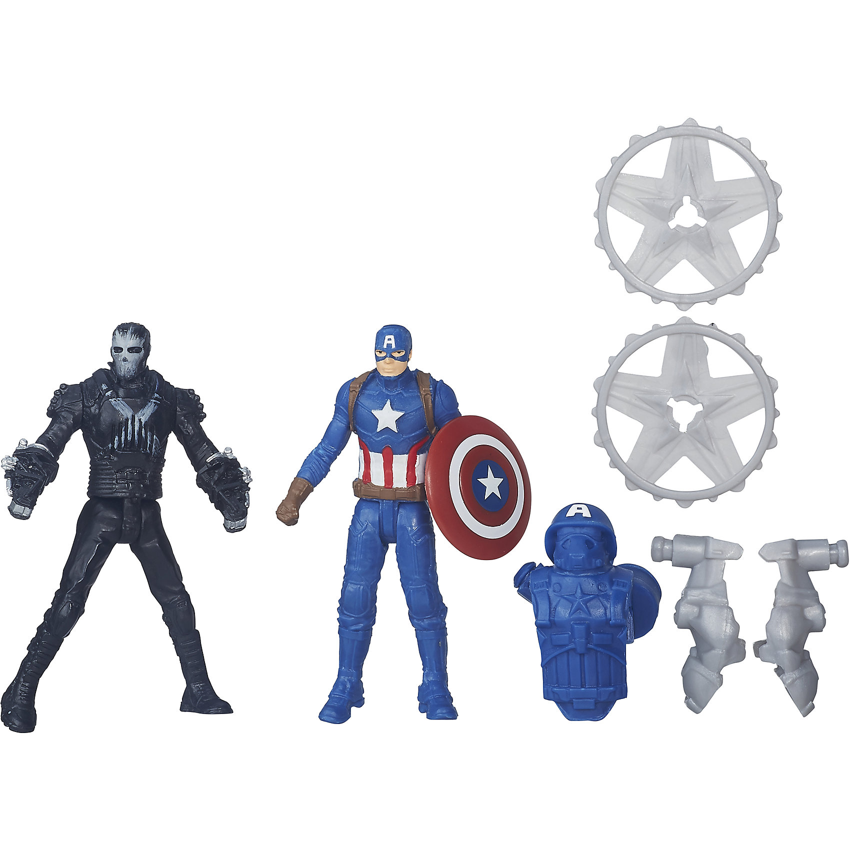 Набор из 2 фигурок Мстителей Captain America vs Crossbones Набор из 2 фигурок Мстителей Captain America vs CrossbonesЛюбимые герои<br>Набор из 2 фигурок Мстителей Captain America vs Crossbones.<br><br>Характеристики:<br><br>- В комплекте: 2 фигурки, броня, щит<br>- Высота фигурки: 6 см.<br>- Материал: высококачественный пластик<br>- Размер упаковки: 16x14x4 см.<br><br>Игровой набор из фигурок от Hasbro вызовет настоящий восторг у юного поклонника знаменитой вселенной Marvel. Фигурки изготовлены из высококачественного прочного пластика и выполнены в виде Капитана Америки и его противника, Кроссбоунса. В комплекте с фигурками идут дополнительные аксессуары: щит и бронекостюм Капитана Америки. Игрушечные персонажи максимально соответствует своим прототипам с учетом особенностей образа каждого героя. Фигурки имеют по пять точек артикуляции, что позволяет придавать им необходимое положение во время игры. <br>Имея в игровом арсенале этих персонажей, ребенок сможет разыграть множество увлекательнейших сюжетов. В них в очередной раз развернется отчаянная борьба за мир, и смелый и отважный Капитана Америка вновь спасет его благодаря своей силе, ловкости и находчивости! Совместимо с Башней Мстителей.<br><br>Набор из 2 фигурок Мстителей Captain America vs Crossbones можно купить в нашем интернет-магазине.<br><br>Ширина мм: 44<br>Глубина мм: 140<br>Высота мм: 159<br>Вес г: 50<br>Возраст от месяцев: 48<br>Возраст до месяцев: 144<br>Пол: Мужской<br>Возраст: Детский<br>SKU: 4874295