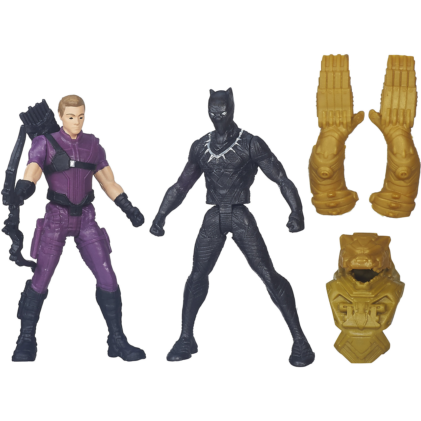Набор из 2 фигурок Мстителей Hawkeye vs Black Panther Набор из 2 фигурок Мстителей Hawkeye vs Black PantherКоллекционные и игровые фигурки<br>Набор из 2 фигурок Мстителей Hawkeye vs Black Panther.<br><br>Характеристики:<br><br>- В комплекте: 2 фигурки, броня, лук<br>- Высота фигурки: 6 см.<br>- Материал: высококачественный пластик<br>- Размер упаковки: 16 x 14 x 4 см.<br><br>Игровой набор из фигурок от Hasbro вызовет настоящий восторг у юного поклонника знаменитой вселенной Marvel. Фигурки изготовлены из высококачественного прочного пластика и выполнены в виде Соколиного глаза и Черной пантеры. В комплекте с фигурками идут дополнительные аксессуары: элементы бронекостюма Черной пантеры и лук Соколиного глаза. Игрушечные персонажи максимально соответствует своим прототипам с учетом особенностей образа каждого героя. Фигурки имеют по пять точек артикуляции, что позволяет придавать им необходимое положение во время игры. Имея в игровом арсенале этих персонажей, ребенок сможет разыграть множество увлекательнейших сюжетов. В них в очередной раз развернется отчаянная борьба за мир, и смелые герои вновь спасут его благодаря своей силе, ловкости и находчивости! Совместимо с Башней Мстителей.<br><br>Набор из 2 фигурок Мстителей Hawkeye vs Black Panther можно купить в нашем интернет-магазине.<br><br>Ширина мм: 44<br>Глубина мм: 140<br>Высота мм: 159<br>Вес г: 50<br>Возраст от месяцев: 48<br>Возраст до месяцев: 144<br>Пол: Мужской<br>Возраст: Детский<br>SKU: 4874298