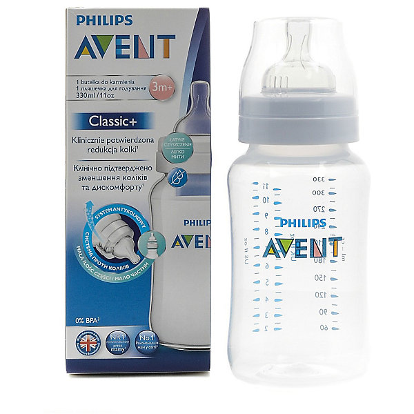 Бутылочка Classic+, 330 мл, 3мес+ , Philips Avent Бутылочка Classic+, 330 мл, 3мес+ , Philips Avent300 - 380 мл.<br>Новая, улучшенная бутылочка Classic+ от Philips Avent - это то, что необходимо Вам! <br><br>Особенности:<br>- Удобное кормление благодаря уникальной форме бутылочки. <br>- Антиколиковая система. Во время кормления, открывается специальный клапан на соске, пропуская воздух в бутылочку, а не в живот ребеночка.<br>- Благодаря широкому горлышку, после кормления, можно без труда очистить бутылку.<br>- Для большего удобства и более длительного использования бутылочка совместима с большинством изделий линейки Philips. <br>- Не содержащего бисфенола-А.<br><br>Дополнительная информация: <br><br>- Возраст: с 3 месяцев.<br>- Объем: 330 мл.<br>- Материал: полипропилен, силикон. <br>- Размер упаковки: 7х7х19 см.<br>- Вес в упаковке: 122 г.<br><br>Купить бутылочку Classic+ от Philips Avent, можно в нашем магазине.<br><br>Ширина мм: 70<br>Глубина мм: 70<br>Высота мм: 190<br>Вес г: 122<br>Возраст от месяцев: 3<br>Возраст до месяцев: 2147483647<br>Пол: Унисекс<br>Возраст: Детский<br>SKU: 4880862
