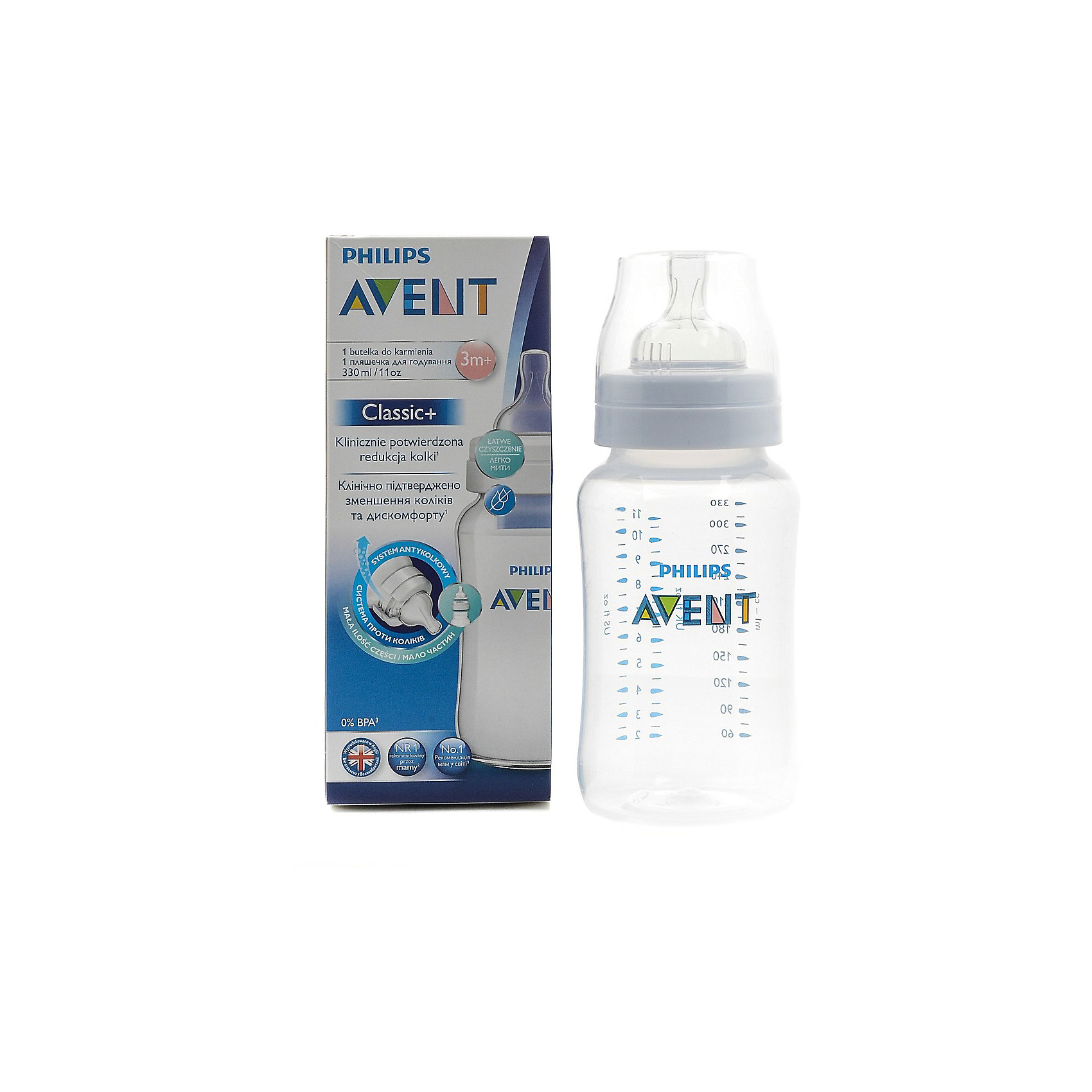 Бутылочка Classic+, 330 мл, 3мес+ , Philips Avent Бутылочка Classic+, 330 мл, 3мес+ , Philips AventБутылочки и аксессуары<br>Новая, улучшенная бутылочка Classic+ от Philips Avent - это то, что необходимо Вам! <br><br>Особенности:<br>- Удобное кормление благодаря уникальной форме бутылочки. <br>- Антиколиковая система. Во время кормления, открывается специальный клапан на соске, пропуская воздух в бутылочку, а не в живот ребеночка.<br>- Благодаря широкому горлышку, после кормления, можно без труда очистить бутылку.<br>- Для большего удобства и более длительного использования бутылочка совместима с большинством изделий линейки Philips. <br>- Не содержащего бисфенола-А.<br><br>Дополнительная информация: <br><br>- Возраст: с 3 месяцев.<br>- Объем: 330 мл.<br>- Материал: полипропилен, силикон. <br>- Размер упаковки: 7х7х19 см.<br>- Вес в упаковке: 122 г.<br><br>Купить бутылочку Classic+ от Philips Avent, можно в нашем магазине.<br><br>Ширина мм: 70<br>Глубина мм: 70<br>Высота мм: 190<br>Вес г: 122<br>Возраст от месяцев: 3<br>Возраст до месяцев: 2147483647<br>Пол: Унисекс<br>Возраст: Детский<br>SKU: 4880862