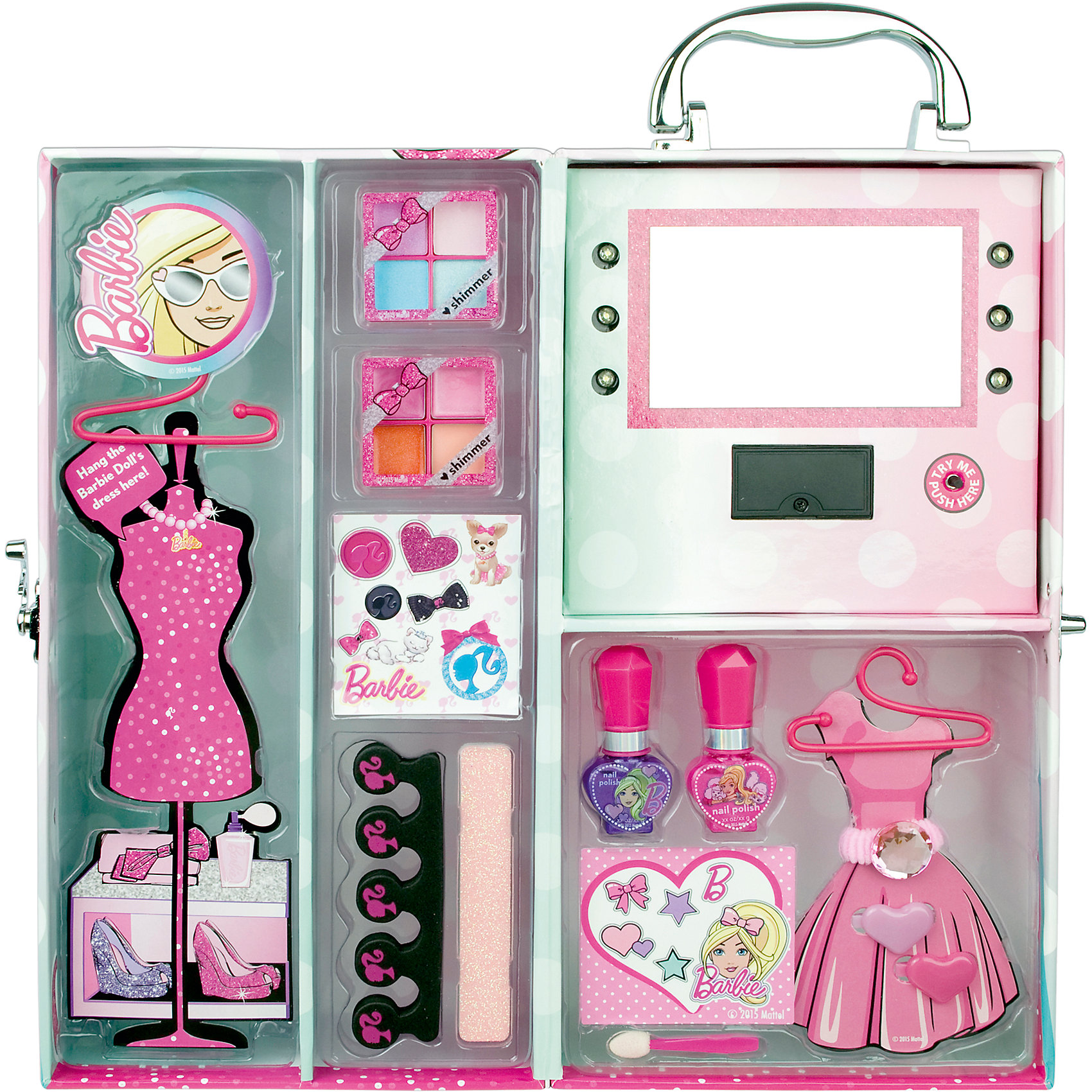 Игровой набор детской декоративной косметики в чемодане с подсветкой, Barbie Игровой набор детской декоративной косметики в чемодане с подсветкой, BarbieКосметика, грим и парфюмерия<br>Игровой набор детской декоративной косметики в чемодане с подсветкой, Barbie (Барби)<br><br>Характеристики:<br><br>• косметика безопасна для ребенка<br>• яркая упаковка<br>• содержит все необходимые инструменты<br>• не содержит парабенов и пальмового масла<br>• подходит в качестве подарка<br>• батарейки: CR2032 - 2 шт. (входят в комплект)<br>• в комплекте: тени для век, блеск для губ, лак для ногтей, аппликатор, заколки для волос, резинка, разделитель для пальцев, пилка, вешалки для кукольных платьев, стенд для платьев, зеркало<br>• размер: 15,8х12,8х30 см<br>• вес: 730 грамм<br>• перед первым применением рекомендуется провести тест на аллергию: нанесите немного косметики на кожу на 30-40 минут и проверьте реакцию<br><br>Набор декоративной косметики Барби создан для девочек, мечтающих почувствовать себя настоящими стилистами. Смотря в зеркальце, девочка сможет создать себе неповторимый макияж. Вся косметика представлена в нескольких цветовых оттенках, что поможет девочке проявить фантазию для создания яркого образа. Лак для ногтей на водной основе подойдет не только для маникюра, но и для педикюра. Для его создания потребуется разделитель для пальцев, который тоже входит в комплект. Различные аксессуары приятно дополнят готовый образ. Косметика изготовлена по щадящей формуле и полностью безопасна. Удобная упаковка позволяет брать всю косметику с собой в гости к подружкам!<br><br>Игровой набор детской декоративной косметики в чемодане с подсветкой, Barbie вы можете купить в нашем интернет-магазине.<br><br>Ширина мм: 321<br>Глубина мм: 162<br>Высота мм: 137<br>Вес г: 728<br>Возраст от месяцев: 48<br>Возраст до месяцев: 84<br>Пол: Женский<br>Возраст: Детский<br>SKU: 4900294