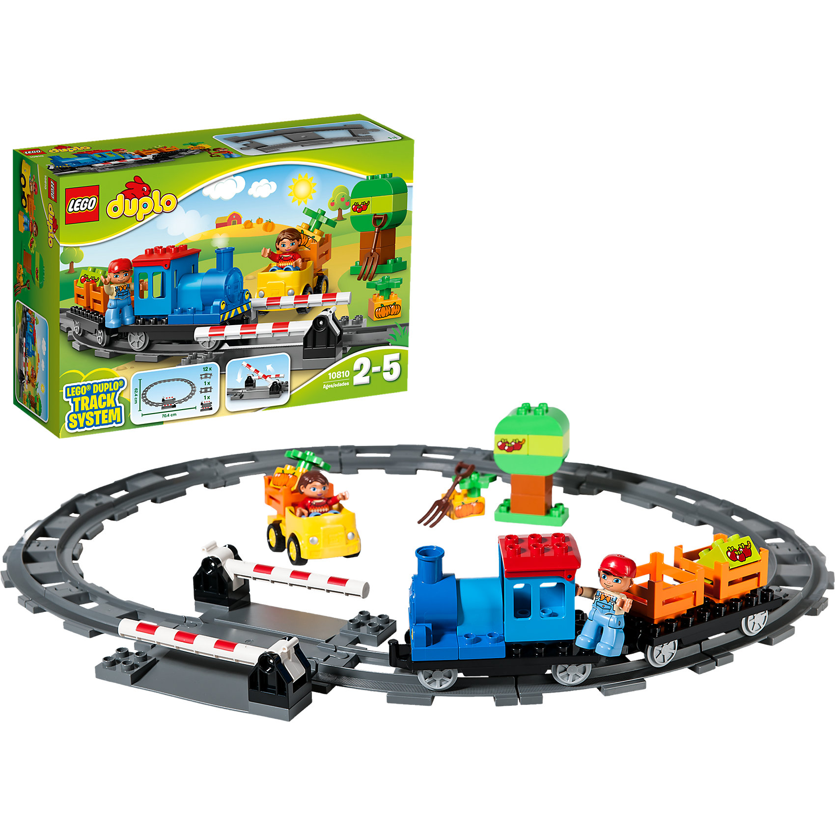 LEGO DUPLO 10810: Локомотив LEGO DUPLO 10810: ЛокомотивПластмассовые конструкторы<br>Играть в поезда обожает множество современных мальчишек, поэтому набор фигурок и конструктора в этой тематике обязательно обрадует ребенка. Игры с такими комплектами помогают детям развивать воображение, мелкую моторику, логику и творческое мышление.<br>Набор состоит из грузового поезда (локомотив с вагончиком), железной дороги овальной формы, жёлтого автомобиля, дерева, обучающих кубиков: 2 с тыковками и 2 с яблоками и двух фигурок<br>машиниста и водителя. С таким комплектом можно придумать множество игр!<br><br>Дополнительная информация:<br><br>цвет: разноцветный;<br>материал: пластик;<br>количество деталей: 45;<br>размеры: грузовой поезд (10х28х6 см), железная дорога (62х70 см), машина (9х11х7 см).<br><br>Комплект Локомотив от компании LEGO DUPLO можно купить в нашем магазине.<br><br>Ширина мм: 387<br>Глубина мм: 263<br>Высота мм: 124<br>Вес г: 1005<br>Возраст от месяцев: 24<br>Возраст до месяцев: 60<br>Пол: Унисекс<br>Возраст: Детский<br>SKU: 4906927