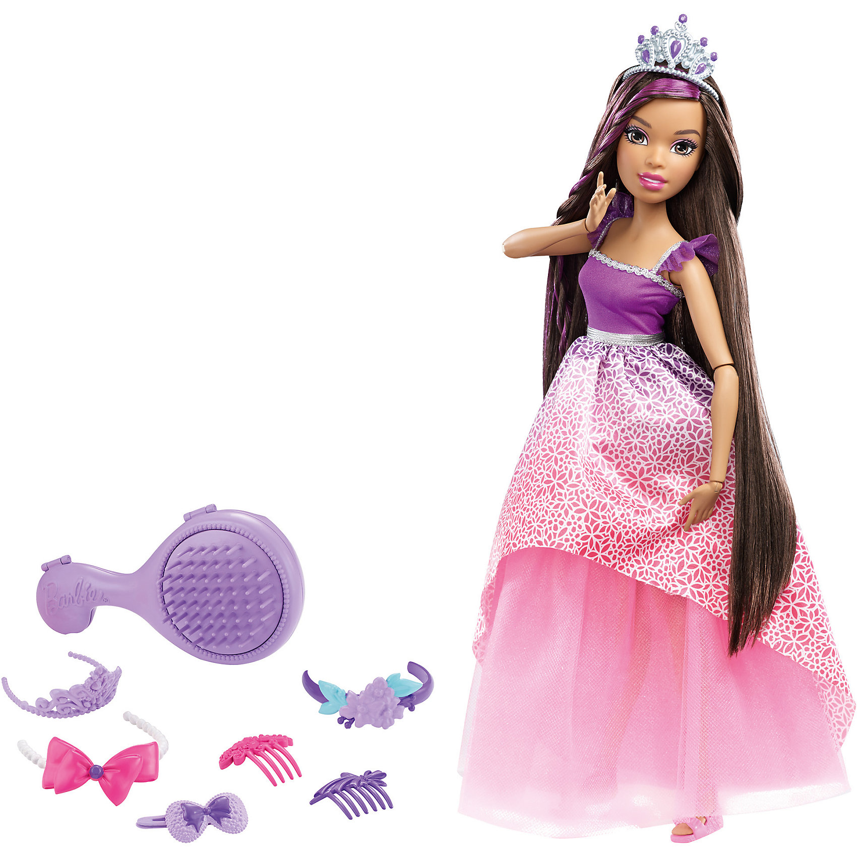 Кукла большого размера с длинными волосами, Barbie Кукла большого размера с длинными волосами, BarbieПопулярные игрушки<br>Куклы большого размера с длинными волосами, Barbie, в ассортименте от Mattel (Маттел) ? новая линейка кукол Барби с длинными волосами и аксессуарами для волос. Куклы этой серии выполнены из безопасного и качественного пластика, части тела ? на шарнирах, что позволяет придавать разнообразные позы. <br>У Barbie длинные густые волосы темного цвета, из которых можно делать огромное количество причесок. Кукла одета в праздничное платье: сиреневый лиф платья украшен тесьмой, низ платья состоит из двух юбок – нижняя пышная юбка розового цвета, верхняя розовая с цветочным принтом. На ногах розовые босоножки. В комплекте с куклой имеется расческа-шкатулка, 3 заколки розового и сиреневого цвета, 2 заколки гребня, 1 повязка-баррета и тиара. <br>Куклы большого размера с длинными волосами, Barbie, в ассортименте от Mattel (Маттел) ? идеальный подарок для девочки к любому торжеству.<br><br>Дополнительная информация:<br><br>- Вид игр: сюжетно-ролевые <br>- Предназначение: для дома<br>- Комплектация: кукла, аксессуары <br>- Материал: пластик, резина, текстиль<br>- Размеры (Д*Ш*В): 9,5*35,5*32,5 см, высота куклы 43 см<br>- Вес: 950 г<br>- Особенности ухода: куклу и аксессуары можно мыть в теплой мыльной воде<br><br>Подробнее:<br><br>• Для детей в возрасте: от 3 лет и до 12 лет<br>• Страна производитель: Индонезия<br>• Торговый бренд: Barbie<br><br>Куклы большого размера с длинными волосами, Barbie, в ассортименте от Mattel (Маттел) можно купить в нашем интернет-магазине.<br><br>Ширина мм: 95<br>Глубина мм: 355<br>Высота мм: 325<br>Вес г: 950<br>Возраст от месяцев: 36<br>Возраст до месяцев: 144<br>Пол: Женский<br>Возраст: Детский<br>SKU: 4915801