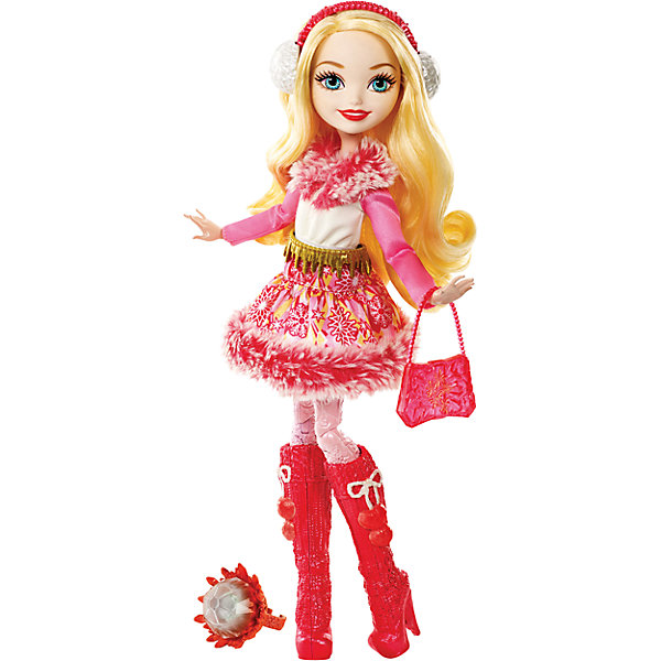 Кукла из коллекции Заколдованная зима, Ever After High Кукла из коллекции Заколдованная зима, Ever After HighБренды кукол<br>Кукла Эппл Уайт, Ever After High™ (Эвер Афтер Хай) ? одна из героинь серии Заколдованная зима, Ever After High. Кукла выполнена из безопасного эластичного пластика, голова из безопасного и нетоксичного ПВХ, волосы из нейлона. Все части тела: руки, ноги, голова ? подвижные.<br>Эппл обучается с другими героинями знаменитого мультфильма Школа «Долго и Счастливо», она носит титул Всех прекрасней и милее. Эппл – дочь Белоснежки. Ее образ состоит из яркого зимнего платья с мехом, юбочка платья с рисунком из снежинок, ярких красных сапожек, розовых колготок, на голове — меховые наушники, в руках – изящная сумочка. Кроме того, в комплекте с куклой идет кольцо детского размера и книжка. <br><br>Дополнительная информация:<br><br>- Вид игр: сюжетно-ролевые <br>- Предназначение: для дома<br>- Материал: пластик, ПВХ, текстиль, нейлон<br>- Цвет: розовый, красный, белый<br>- Размер (Д*Ш*В): 6,5*23*32,5 см<br>- Вес: 378 г <br>- Особенности ухода: куклу и аксессуары можно мыть в теплой мыльной воде, платье ? ручная стирка<br><br>Подробнее:<br><br>• Для детей в возрасте: от 6 лет и до 12 лет<br>• Страна производитель: Индонезия<br>• Торговый бренд: Mattel<br><br>Куклу Эппл Уайт, Ever After High™ (Эвер Афтер Хай) можно купить в нашем интернет-магазине.<br><br>Ширина мм: 65<br>Глубина мм: 230<br>Высота мм: 325<br>Вес г: 378<br>Возраст от месяцев: 72<br>Возраст до месяцев: 144<br>Пол: Женский<br>Возраст: Детский<br>SKU: 4915804