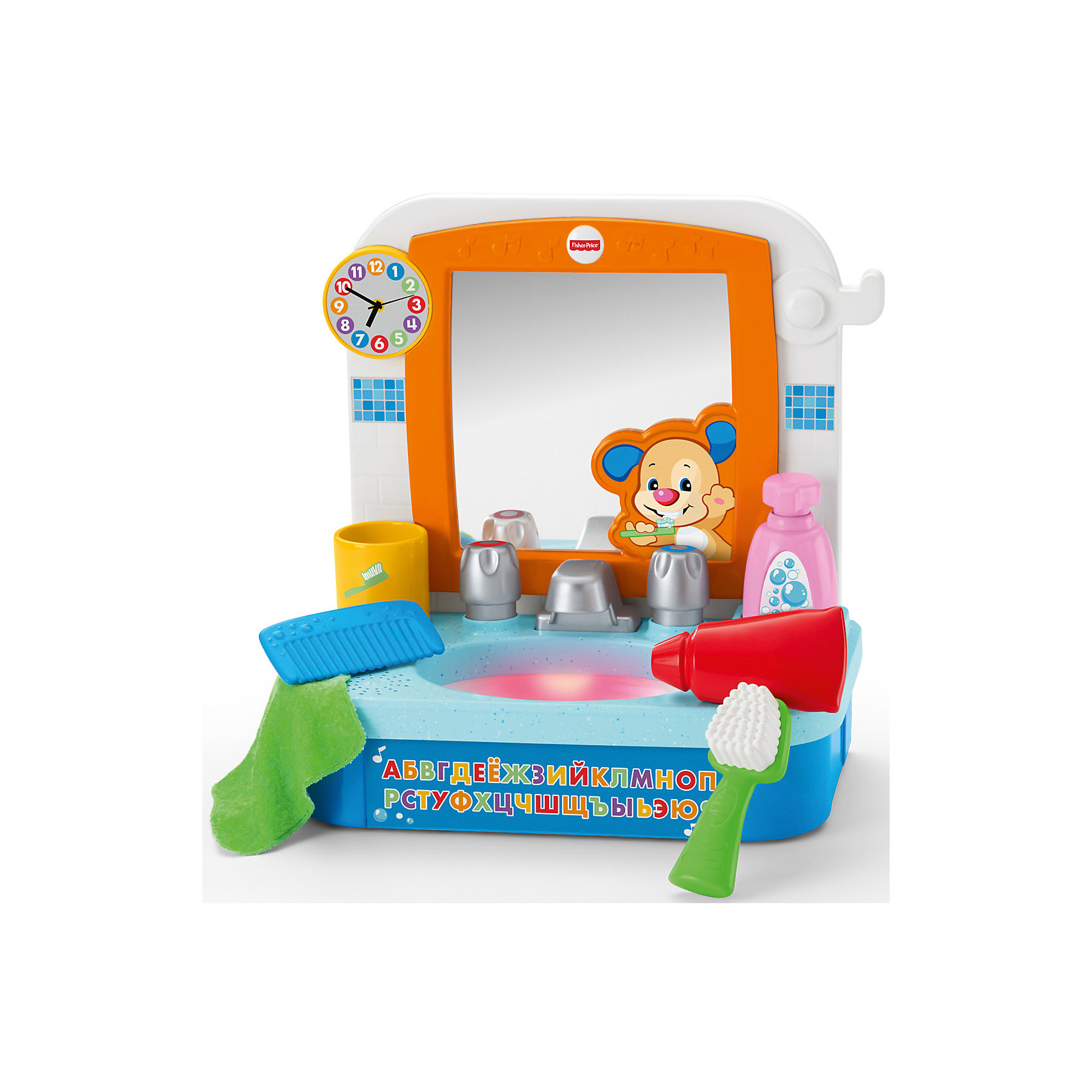 Умывальник Ученого Щенка, Fisher Price Умывальник Ученого Щенка, Fisher PriceИнтерактивные игрушки для малышей<br>Умывальник Ученого Щенка, Fisher Price ? развивающая игрушка от знаменитого бренда Mattel с технологией Smart Stages, которая позволяет выбирать индивидуальный режим обучения для ребенка. Игрушка выполнена из качественного и безопасного пластика, устойчивого к изменению цвета и механическим повреждениям и сколам. У всех элементов отсутствуют острые углы, что делает игрушку безопасной.<br>Умывальник Ученого Щенка, Fisher Price представляет собой набор из умывальника с вращающимися ручками крана, флакона для мыла, расчестки, мыла, мочалки и тюбика зубной пасты. Умывальник интерактивный, на корпусе зеркала имеются часы с вращающимися стрелками, все действия ребенка сопровождаются песнями и фразами. Увлекательная игра позволит в легкой ненавязчивой форме познакомиться ребенку с правилами личной гигиены, освоить и запомнить предметы и аксессуары ежедневных водных процедур. Игровой набор направлен на развитие мелкой моторики, расширение кругозора и словарного запаса ребенка.<br> <br>Дополнительная информация:<br><br>- Вид игр: развивающие, сюжетно-ролевые <br>- Материал: пластик<br>- Комплектация: умывальник, расчестка, флакон для мыла, мочалка, зубная щетка, зубная паста<br>- Размер (Д*Ш*В): 18*38*33 см<br>- Вес: 1 кг 569 г <br>- Батарейки: 3 АА/LR6 (входят в комплект)<br>- Особенности ухода: все элементы набора можно протирать влажной губкой<br><br>Подробнее:<br><br>• Для детей в возрасте: от 1,5 лет и до 4 лет<br>• Страна производитель: Китай<br>• Торговый бренд: Mattel<br><br>Умывальник Ученого Щенка, Fisher Price можно купить в нашем интернет-магазине.<br><br>Ширина мм: 180<br>Глубина мм: 380<br>Высота мм: 330<br>Вес г: 1569<br>Возраст от месяцев: 18<br>Возраст до месяцев: 48<br>Пол: Унисекс<br>Возраст: Детский<br>SKU: 4915809