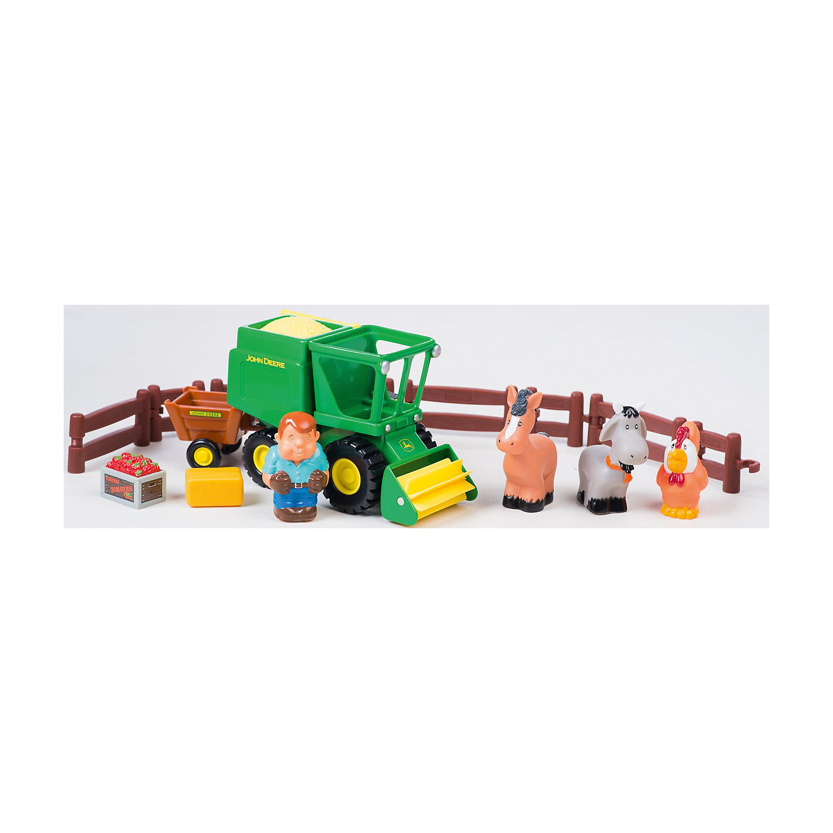 Игровой набор Уборка урожая, John Deere, Tomy Игровой набор Уборка урожая, John Deere, TomyМашинки<br>Малыши стремятся узнавать что-то новое и учиться контактировать с окружающим пространством. Сделать процесс познавания мира для малышей - просто! Оригинальный игровой набор Погрузка урожая понравится любителям техники, животных или сельской тематики. В него входит трактор, фигурки фермера, коровы, лошади, петуха и аксессуары.<br>Этот набор надолго займет ребенка! Игра с ним помогает детям развивать мелкую моторику, внимательность и познавать мир. Обучающая игрушка сделана из качественных и безопасных для ребенка материалов.<br><br>Дополнительная информация:<br><br>цвет: разноцветный;<br>размер упаковки: 40 х 14 х 29 см;<br>комплектация: трактор, фигурки фермера, коровы, петуха, лошади и аксессуары;<br>вес: 233 г;<br>материал: пластик.<br><br>Погрузка урожая, Tomy, John Deere можно купить в нашем магазине.<br><br>Ширина мм: 400<br>Глубина мм: 140<br>Высота мм: 290<br>Вес г: 223<br>Возраст от месяцев: 36<br>Возраст до месяцев: 2147483647<br>Пол: Унисекс<br>Возраст: Детский<br>SKU: 4918477