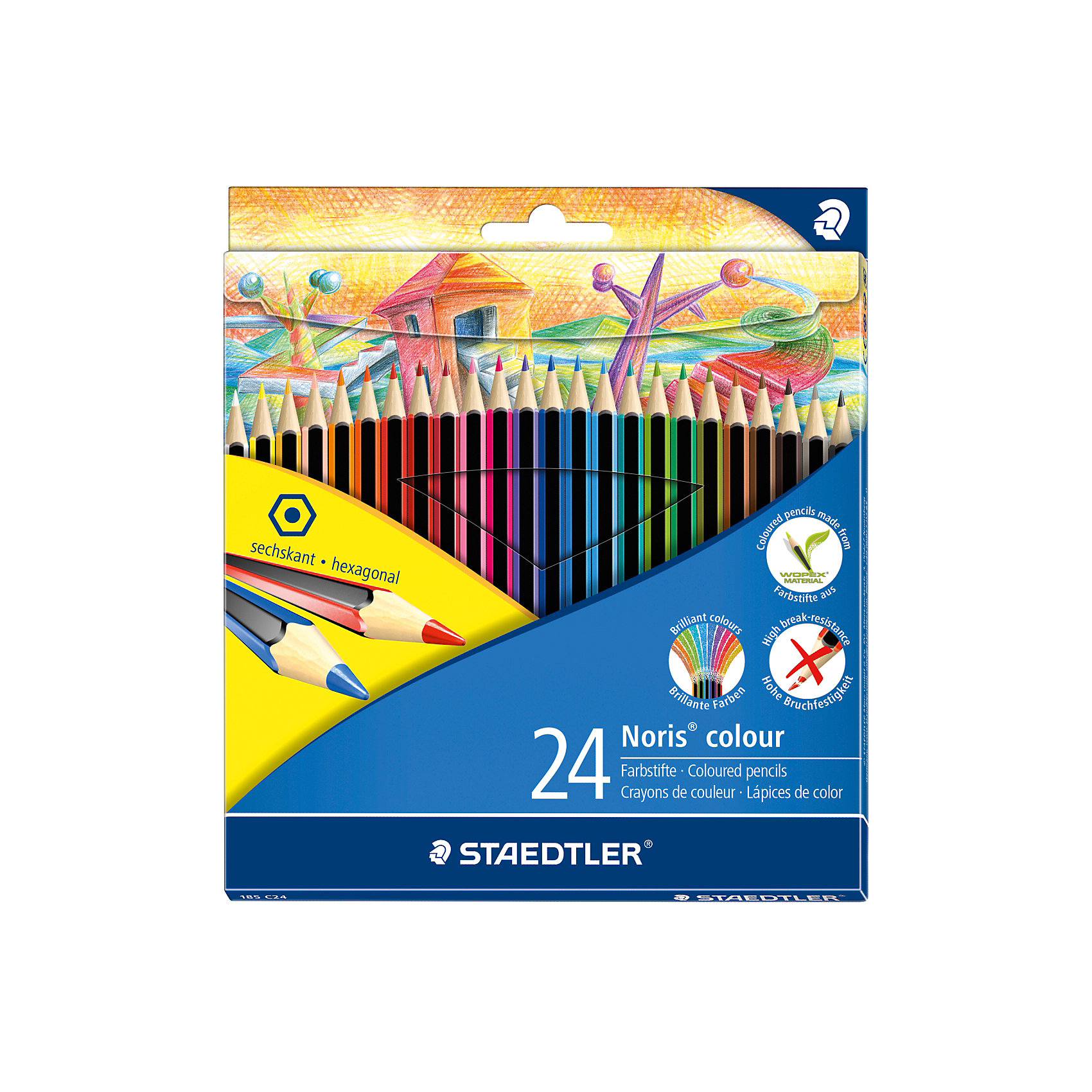 Карандаш цветные Noris Colour, 24 цв Карандаш цветные Noris Colour, 24 цвПисьменные принадлежности<br>Новые цветные карандаши Noris Color 185 из инновационного материала Wopex.<br> Сделаны из нового природного волокнистого материала: 70% древесины+пластиковый композит. <br>Высокое качество письма, рисования, эскизов. Нескользящая, бархатистая поверхность; особенно ударопрочный корпус и грифель;<br> гладкое письмо. Инновационный, однородный материал Wopex <br>обеспечивает исключительно гладкую и ровную заточку с любым качеством точилки. <br>Текст и рисунки легко стереть. Упаковка - 24 цвета.<br><br>Ширина мм: 197<br>Глубина мм: 175<br>Высота мм: 9<br>Вес г: 244<br>Возраст от месяцев: 60<br>Возраст до месяцев: 168<br>Пол: Унисекс<br>Возраст: Детский<br>SKU: 4918516