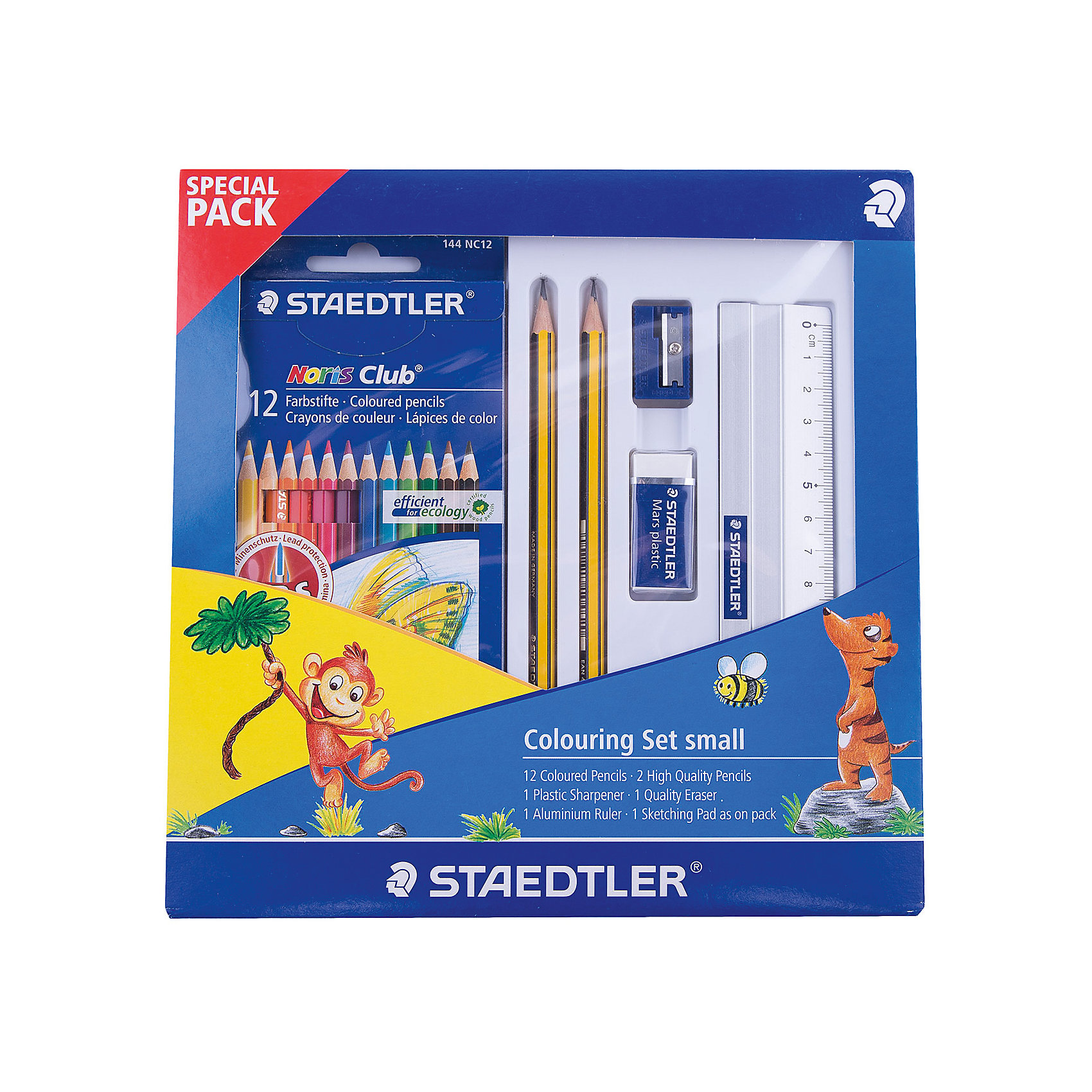 Набор для рисования, Staedtler Набор для рисования, StaedtlerШкольные аксессуары<br>Набор для рисования, Staedtler<br><br>Характеристики:<br><br>- в набор входит: чернографитный карандаш 2 шт., набор цветных карандашей 12 цветов, точилка, ластик, линейка 15 см., блокнот <br>- размер упаковки: 23 * 2,1 * 23 см.<br>- вес: 250 гр.<br>- для детей в возрасте: от 6 лет<br>- Страна производитель: Малайзия<br><br>Красивый канцелярский набор от немецкого бренда Staedtler (Штадлер) отличается своим качеством и практичностью. Этот набор для творчества включает в себя два чернографитных карандаша высокого качества, пластиковую точилку, виниловый ластик высокого качества, который позволяет стирать карандаш не повреждая поверхность и не оставляя за собой множество катышек. В набор входит также алюминиевая линейка 15 см., небольшой блокнот-альбом для рисования и цветные карандаши. Классические двенадцать цветов помогут воплотить в жизнь самый лучший шедевр, карандаши уже заточены, имеют мягкую структуру грифеля и рисуют яркие линии без сильного нажатия. Рисование карандашами разрабатывает моторику ручек, творческие способности, успокаивает, помогает развить аккуратность и внимание. <br><br>Набор для рисования, Staedtler можно купить в нашем интернет-магазине.<br><br>Ширина мм: 250<br>Глубина мм: 50<br>Высота мм: 300<br>Вес г: 45<br>Возраст от месяцев: 84<br>Возраст до месяцев: 168<br>Пол: Унисекс<br>Возраст: Детский<br>SKU: 4918521