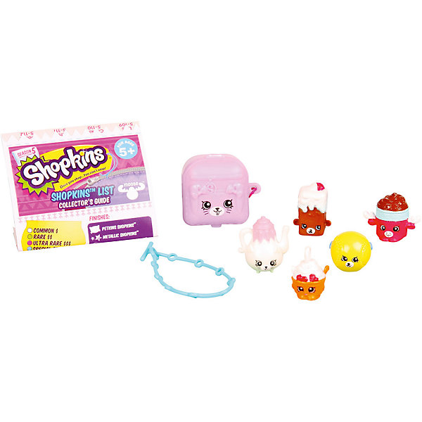 Набор 5 фигурок с аксессуарами, 5 серия, Shopkins Набор 5 фигурок с аксессуарами, 5 серия, ShopkinsИгрушечные продукты питания<br>Современные дети обожают мультфильм Shopkins! Их порадует возможность собрать целую коллекцию из персонажей мультика! Герои продаются в блистере, но заранее угадать - кто попадется в этот раз, невозможно. В наборе - пять фигурок, еще прилагается рюкзачок. Также в наборе - резиновый браслет для шармов и один симпатичный шарм-подвеска. Герои произведены из высококачественных материалов и соответствует стандартам безопасности. Игрушка имеет компактный размер, поэтому может сопровождать своего владельца в дороге или на прогулках!<br><br>Дополнительная информация:<br><br>цвет: разноцветный;<br>материал: пластик;<br>высота: 2,5 см;<br>комплектация: 5 фигурок, рюкзачок, браслет для шармов, шарм-подвеска.<br><br>Набор 5 фигурок с аксессуарами, 5 серия, Shopkins можно купить в нашем магазине.<br><br>Ширина мм: 165<br>Глубина мм: 35<br>Высота мм: 213<br>Вес г: 110<br>Возраст от месяцев: 60<br>Возраст до месяцев: 120<br>Пол: Женский<br>Возраст: Детский<br>SKU: 4924458