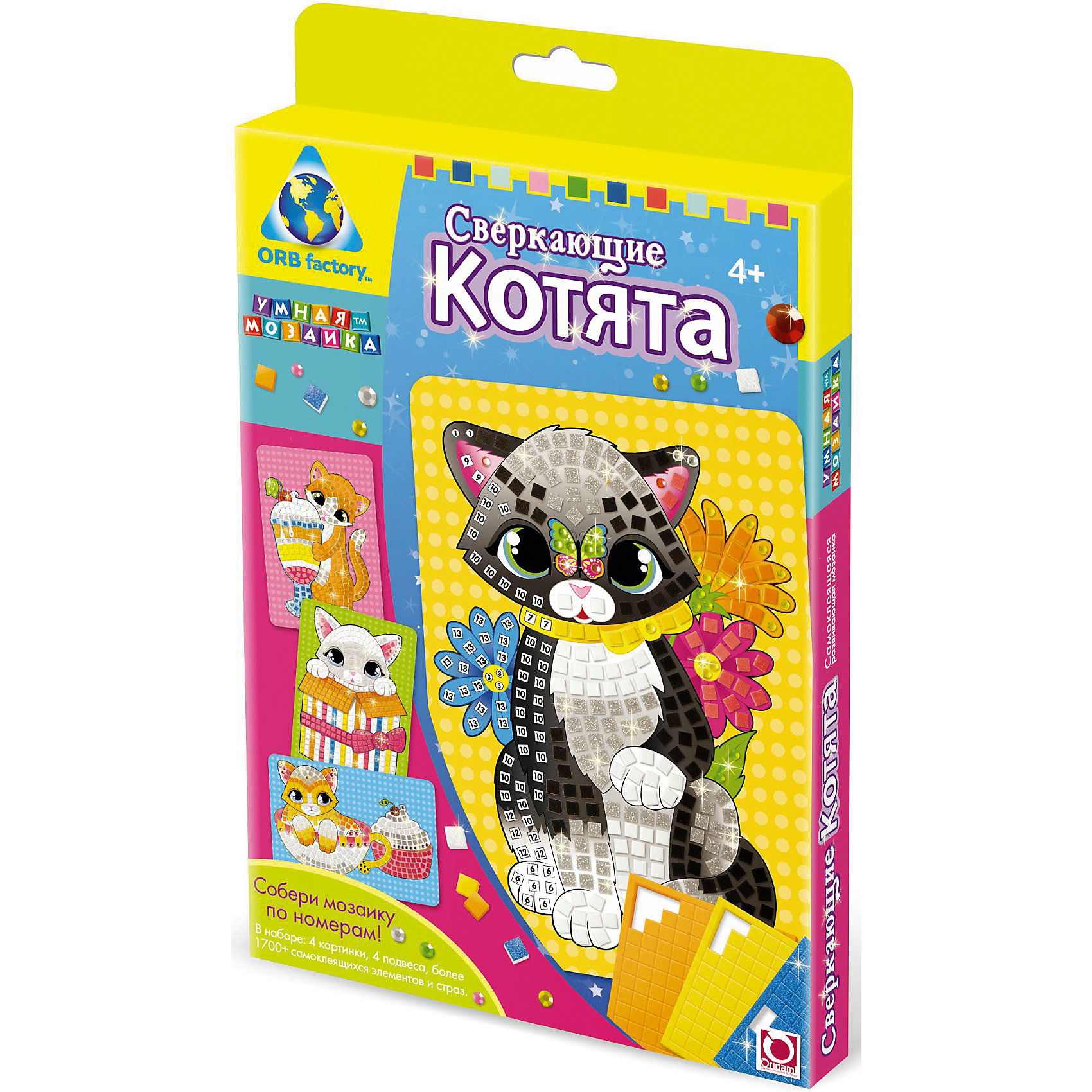 Мозаика-набор Сверкающие котята, 4 картинки Мозаика-набор Сверкающие котята, 4 картинкиМозаика<br>Сверкающие котята - мозаика-набор для детского творчества. С его помощью ребенку предстоит наклеить яркую блестящую мозаику по цветам в соответствии с нужным номером. Развивает мелкую моторику, усидчивость, аккуратность. Прекрасный вариант, чтобы провести время с пользой!<br><br>Дополнительная информация:<br>В комплекте: 4 картинки-основы, 4 подвеса, более 1700 самоклеящихся элементов и страз<br>Размер: 31х3х19,5 см<br>Вес: 322 грамма<br>Вы можете приобрести мозаику Сверкающие котята в нашем интернет-магазине.<br><br>Ширина мм: 195<br>Глубина мм: 30<br>Высота мм: 310<br>Вес г: 322<br>Возраст от месяцев: 36<br>Возраст до месяцев: 96<br>Пол: Унисекс<br>Возраст: Детский<br>SKU: 4939472