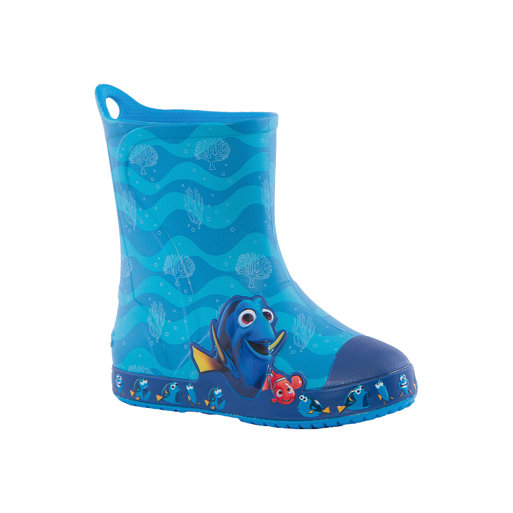 Резиновые сапоги Bump It Finding Dory Boot Crocs, голубой Резиновые сапоги Bump It Finding Dory Boot Crocs, голубойРезиновые сапоги<br>Характеристики товара:<br><br>• цвет: голубой<br>• принт: Дори, В поисках Немо<br>• сезон: демисезон, лето<br>• материал: 100% полимер Croslite™<br>• непромокаемые<br>• температурный режим: от 0° до +20° С<br>• легко очищаются<br>• антискользящая подошва<br>• язычок для удобного надевания<br>• толстая устойчивая подошва<br>• страна бренда: США<br>• страна изготовитель: Китай<br><br>Сапоги могут быть и стильными, и непромокаемыми! <br><br>Для детской обуви крайне важно, чтобы она была удобной. <br><br>Такие сапоги обеспечивают детям необходимый комфорт, а надежный материал не пропускает внутрь воду. <br><br>Сапоги легко надеваются и снимаются, отлично сидят на ноге. <br><br>Материал, из которого они сделаны, не дает размножаться бактериям, поэтому такая обувь препятствует образованию неприятного запаха и появлению болезней стоп. <br><br>Данная модель особенно понравится детям - ведь в них можно бегать по лужам!<br><br>Резиновые сапоги Bump It Finding Dory Boot Crocs от торговой марки Crocs можно купить в нашем интернет-магазине.<br><br>Ширина мм: 237<br>Глубина мм: 180<br>Высота мм: 152<br>Вес г: 438<br>Цвет: синий<br>Возраст от месяцев: 24<br>Возраст до месяцев: 36<br>Пол: Унисекс<br>Возраст: Детский<br>Размер: 26,31,33,34,31/32,33/34,34/35,27,28,29,30,23,24,25<br>SKU: 4940805
