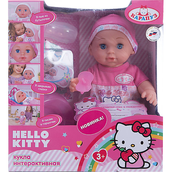 Пупс Hello kitty, 30см, 3 функции, пьет и писает, с аксессуарами, Карапуз Пупс Hello kitty, 30см, 3 функции, пьет и писает, с аксессуарами, КарапузHello Kitty<br><br><br>Ширина мм: 150<br>Глубина мм: 290<br>Высота мм: 270<br>Вес г: 880<br>Возраст от месяцев: 36<br>Возраст до месяцев: 9<br>Пол: Женский<br>Возраст: Детский<br>SKU: 4950422