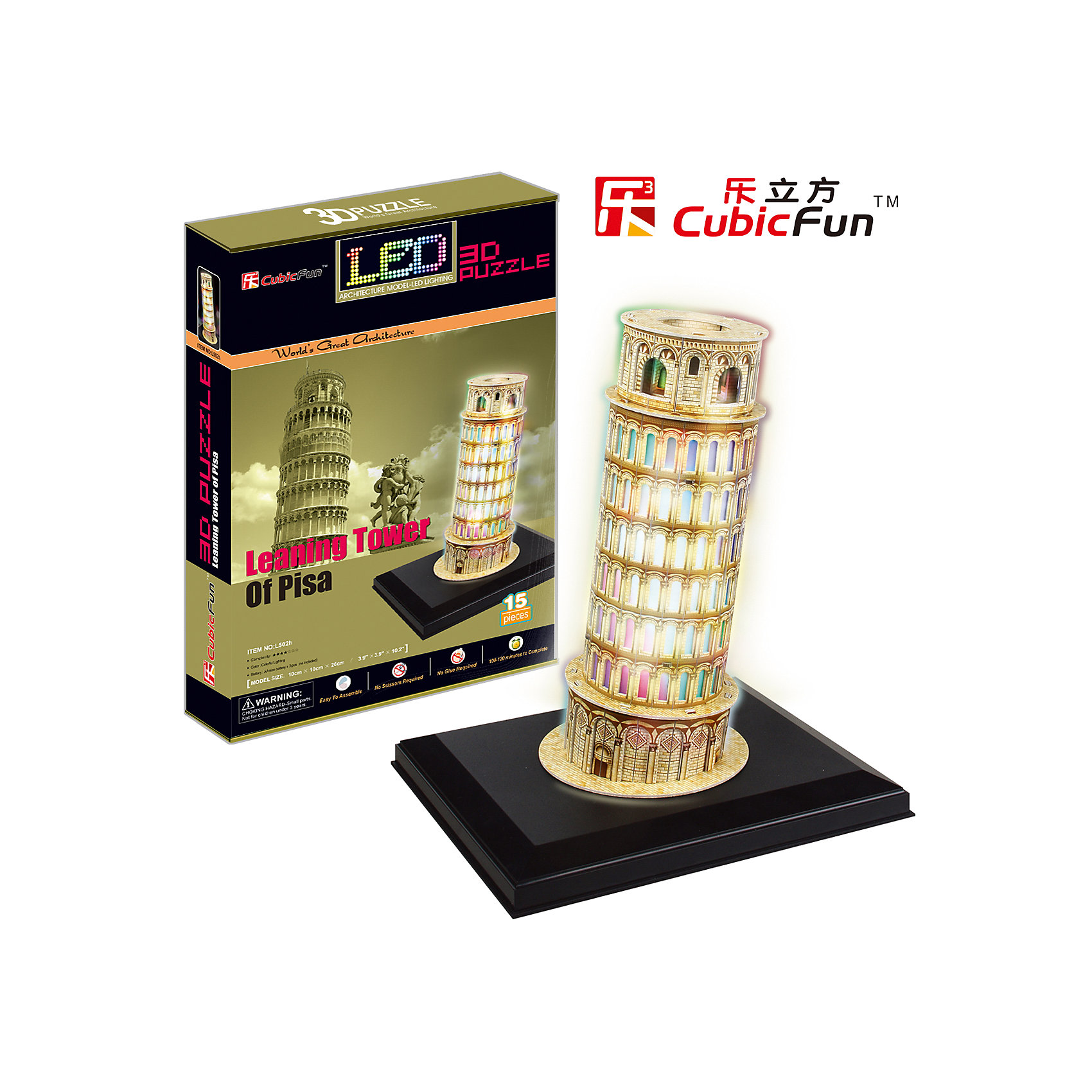 Пазл 3D Пизанская башня с иллюминацией (Италия), CubicFun Пазл 3D Пизанская башня с иллюминацией (Италия), CubicFun3D пазлы<br>Cubic Fun L502h Кубик фан Пизанская башня с иллюминацией (Италия)<br>Пизанская башня – это колокольня Собора в городе Пиза. Его постройка началась в августе 1173 года и продолжалась (с двумя длинными прерываниями) в течение приблизительно 200 лет, точно следуя оригинальному проекту, архитектор которого все еще неизвестен.<br>Уровень сложности - 4.<br>Функции:<br>- помогает в развитии логики и творческих способностей ребенка;<br>- помогает в формировании мышления, речи, внимания, восприятия и воображения;<br>- развивает моторику рук;<br>- расширяет кругозор ребенка и стимулирует к познанию новой информации.<br>Практические характеристики:<br>- обучающая, яркая и реалистичная модель;<br>- идеально и легко собирается без инструментов;<br>- увлекательный игровой процесс;<br>- тематический ассортимент;<br>- новый качественный материал (ламинированный пенокартон).<br><br>Ширина мм: 220<br>Глубина мм: 330<br>Высота мм: 60<br>Вес г: 780<br>Возраст от месяцев: 72<br>Возраст до месяцев: 192<br>Пол: Унисекс<br>Возраст: Детский<br>SKU: 4951145