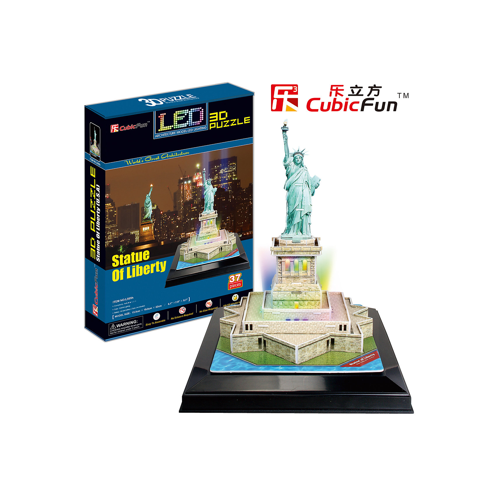 Пазл 3D Статуя Свободы с иллюминацией (США), CubicFun Пазл 3D Статуя Свободы с иллюминацией (США), CubicFun3D пазлы<br>Cubic Fun L505h Кубик фан Статуя Свободы с иллюминацией (США)<br>28 октября 1886 года президент Гроувер Кливленд от имени американского народа принял преподнесенную в дар статую и сказал: «Мы всегда будем помнить, что Свобода избрала это место своим домом, и алтарь ее никогда не покроет забвение».<br>Уровень сложности - 4.<br>Функции:<br>- помогает в развитии логики и творческих способностей ребенка;<br>- помогает в формировании мышления, речи, внимания, восприятия и воображения;<br>- развивает моторику рук;<br>- расширяет кругозор ребенка и стимулирует к познанию новой информации.<br>Практические характеристики:<br>- обучающая, яркая и реалистичная модель;<br>- идеально и легко собирается без инструментов;<br>- увлекательный игровой процесс;<br>- тематический ассортимент;<br>- новый качественный материал (ламинированный пенокартон).<br><br>Ширина мм: 220<br>Глубина мм: 330<br>Высота мм: 60<br>Вес г: 747<br>Возраст от месяцев: 72<br>Возраст до месяцев: 192<br>Пол: Унисекс<br>Возраст: Детский<br>SKU: 4951147