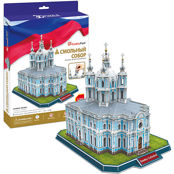 Пазл 3D Смольный Собор (Россия), CubicFun Пазл 3D Смольный Собор (Россия), CubicFun3D пазлы<br>Объемный конструктор-головоломка Cubic Fun Смольный Собор (Россия) из серии Модельная серия, разработан и сделан из бумаги и пены EPS, не требует дополнительных инструментов и клея для сборки.<br><br>Величественный Смольный собор архитектора Франческо Бартоломео Растрелли начал возводиться в царствование императрицы Елизаветы Петровны, а завершил строительство при императоре Николае I архитектор В.П.Стасов. Этот храм по праву считается жемчужиной петербургского барокко. Царским указом он стал именоваться Собором всех учебных заведений.<br><br>Именно в период начала его строительства императрица Елизавета своим указом восстановила пятиглавие – традиционное завершение православной церкви. Благодаря своей живописности, выразительности композиции и наружному убранству, Смольный собор стал одной из вершин мирового зодчества.<br><br><br>Функции: <br>помогает в развитии логики и творческих способностей ребенка;<br>помогает в формировании мышления, речи, внимания, восприятия и воображения;<br>развивает моторику рук;<br>расширяет кругозор ребенка и стимулирует к познанию новой информации;<br><br>Практические характеристики: <br>обучающая, яркая и реалистичная модель;<br>идеально и легко собирается без инструментов;<br>увлекательный игровой процесс;<br>тематический ассортимент;<br>новый качественный материал (ламинированный пенокартон).<br><br>Ширина мм: 220<br>Глубина мм: 330<br>Высота мм: 50<br>Вес г: 777<br>Возраст от месяцев: 72<br>Возраст до месяцев: 192<br>Пол: Унисекс<br>Возраст: Детский<br>SKU: 4951154