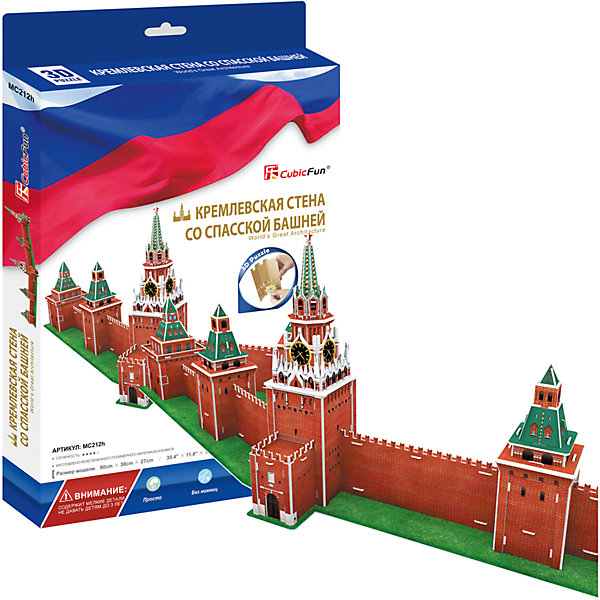 Пазл 3D Кремлевская стена со Спасской башней (Россия), CubicFun Пазл 3D Кремлевская стена со Спасской башней (Россия), CubicFun3D пазлы<br>Спасская башня – это, пожалуй, самая известная из 20 башен Московского Кремля. А знаменита она, конечно же, наличием часов-курантов. Башня с часами была возведена в конце 15 века и до сих пор является одним из главных украшений Кремлевской стены. Высота её шпиля со звездой 71 метр, а толщина стен превышает 3,5 метра! Постройте Спасскую башню и часть кремлевкой стены у себя дома с набором Кубик фан!<br><br>Наборы Кубик Фан – это необычные 3D пазлы, которые точно воссоздают объемную масштабированную модель своего прототипа. Для сборки моделей Cubic Fun не нужен клей, детали отлично совмещаются друг с другом.<br><br>Ширина мм: 220<br>Глубина мм: 330<br>Высота мм: 30<br>Вес г: 592<br>Возраст от месяцев: 72<br>Возраст до месяцев: 192<br>Пол: Унисекс<br>Возраст: Детский<br>SKU: 4951156