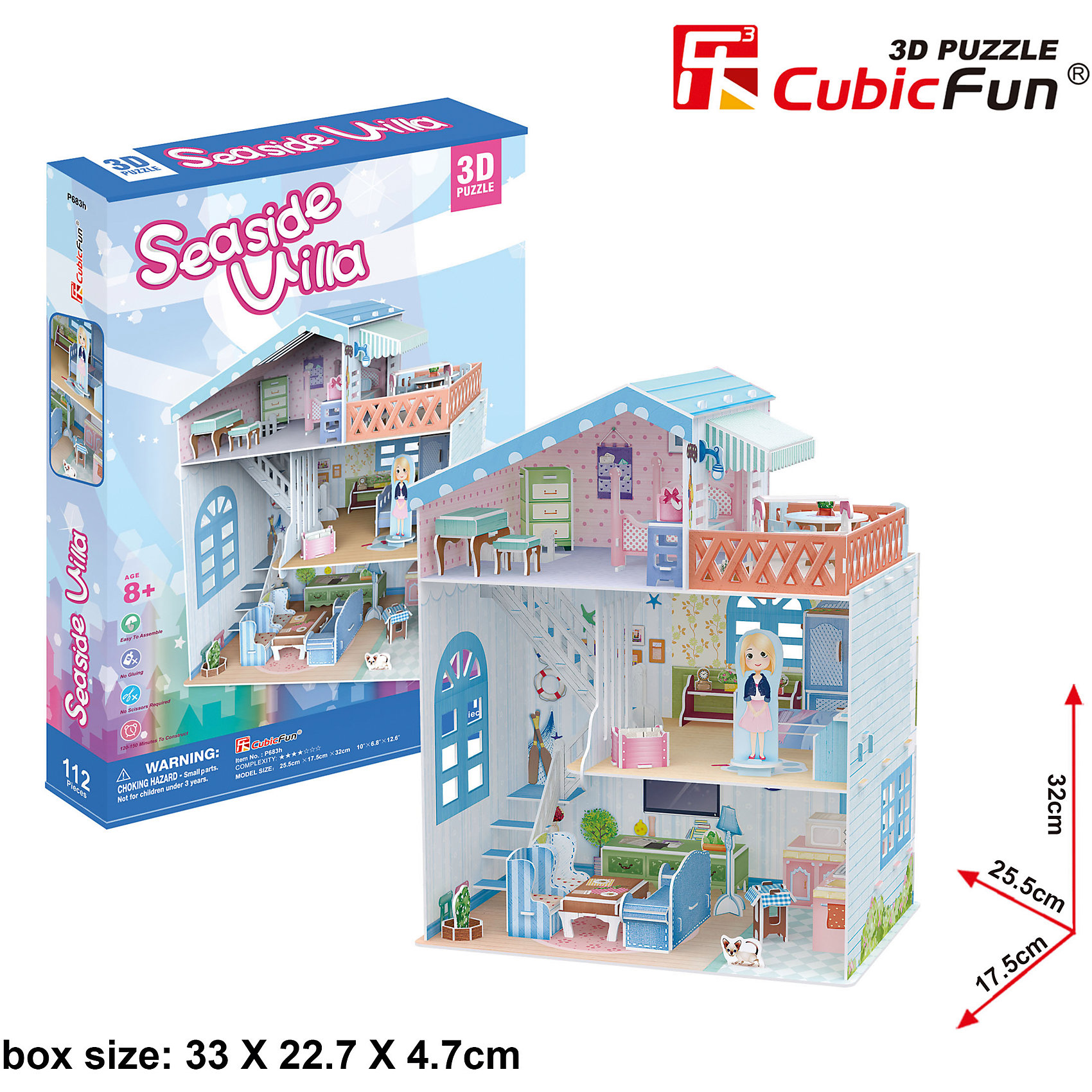 Пазл 3D Прибрежная Вилла, CubicFun Пазл 3D Прибрежная Вилла, CubicFun3D пазлы<br>3D пазл Прибрежная Вилла относится к специальной серии Cubic Fun для девочек. Это большое здание с ярким интерьером, состоящее из 2-х этажей, чердака и балкона. На первом этаже находится гостиная - здесь есть удобный диван, телевизор, кухня, рядом с которой так любит сидеть щенок. На втором этаже расположена спальня, здесь можно закрепить фигурку девочки - хозяйки дома. На чердаке есть еще одна комната, их которой можно выйти прямо на балкон, чтобы полюбоваться чудесными прибрежными видами.<br><br>Пазл легко собирается без ножниц и клея. Все детали выполнены из высококачественного, прочного картона. С моделью виллы можно играть, как с кукольным домиком - одна стенка отсутствует и видны все внутренние помещения. Высота домика - 32 см., длина - 25 см.<br><br>Ширина мм: 230<br>Глубина мм: 340<br>Высота мм: 50<br>Вес г: 673<br>Возраст от месяцев: 96<br>Возраст до месяцев: 192<br>Пол: Женский<br>Возраст: Детский<br>SKU: 4951162