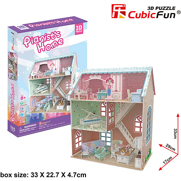 Пазл 3D Дом пианиста, CubicFun Пазл 3D Дом пианиста, CubicFun3D пазлы<br>Новый 3D пазл Cubic Fun специально для девочек! Модель домика пианиста (а точнее, пианистки) выполнена в ярком дизайне и подойдет не только для украшения интерьера, но и для игры. Здание открытое - нет одной стенки и видны все внутренние помещения, что делает его похожим на кукольный домик. На самом верху, под крышей, расположена спальня в розовых тонах. Здесь находится кроватка, стол для работы, трюмо; на этот этаж можно поместить фигурку девочки. На втором этаже - музыкальная комната с шикарным роялем, а внизу расположена гостиная со всем необходимым для работы и отдыха.<br><br>Домик пианиста легко собирается, все детали сделаны из прочного картона. Высота домика - 33 см, длина - 29 см.<br><br>Ширина мм: 230<br>Глубина мм: 340<br>Высота мм: 50<br>Вес г: 668<br>Возраст от месяцев: 96<br>Возраст до месяцев: 192<br>Пол: Женский<br>Возраст: Детский<br>SKU: 4951163