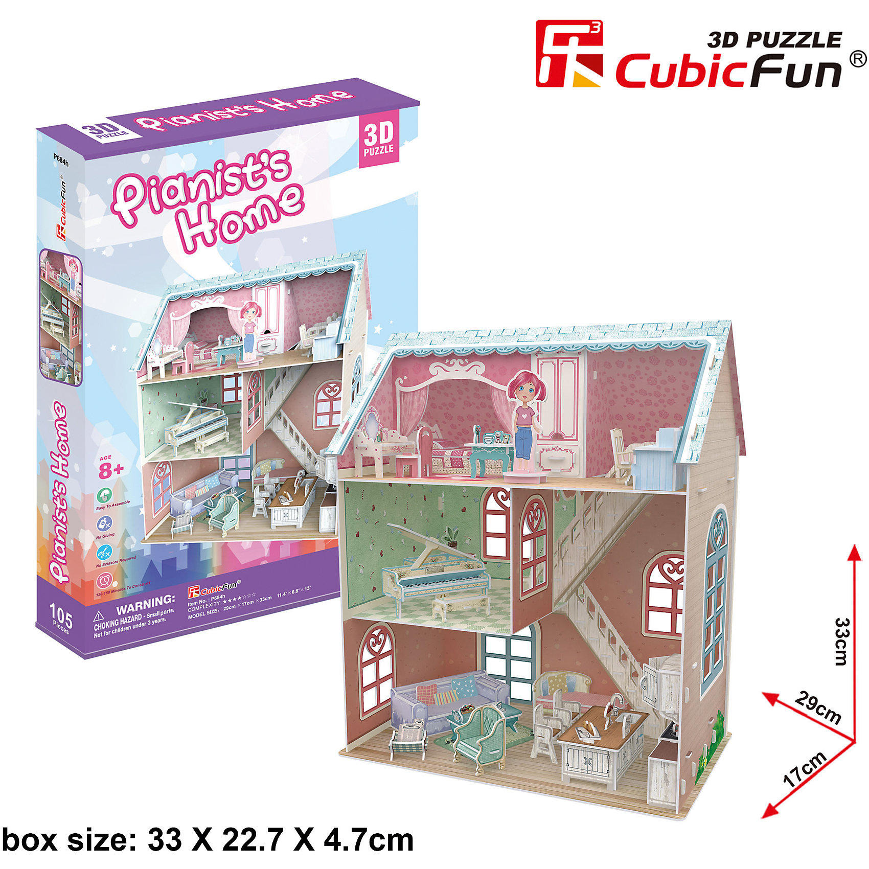 Пазл 3D Дом пианиста, CubicFun Пазл 3D Дом пианиста, CubicFun3D пазлы<br>Новый 3D пазл Cubic Fun специально для девочек! Модель домика пианиста (а точнее, пианистки) выполнена в ярком дизайне и подойдет не только для украшения интерьера, но и для игры. Здание открытое - нет одной стенки и видны все внутренние помещения, что делает его похожим на кукольный домик. На самом верху, под крышей, расположена спальня в розовых тонах. Здесь находится кроватка, стол для работы, трюмо; на этот этаж можно поместить фигурку девочки. На втором этаже - музыкальная комната с шикарным роялем, а внизу расположена гостиная со всем необходимым для работы и отдыха.<br><br>Домик пианиста легко собирается, все детали сделаны из прочного картона. Высота домика - 33 см, длина - 29 см.<br><br>Ширина мм: 230<br>Глубина мм: 340<br>Высота мм: 50<br>Вес г: 668<br>Возраст от месяцев: 96<br>Возраст до месяцев: 192<br>Пол: Женский<br>Возраст: Детский<br>SKU: 4951163