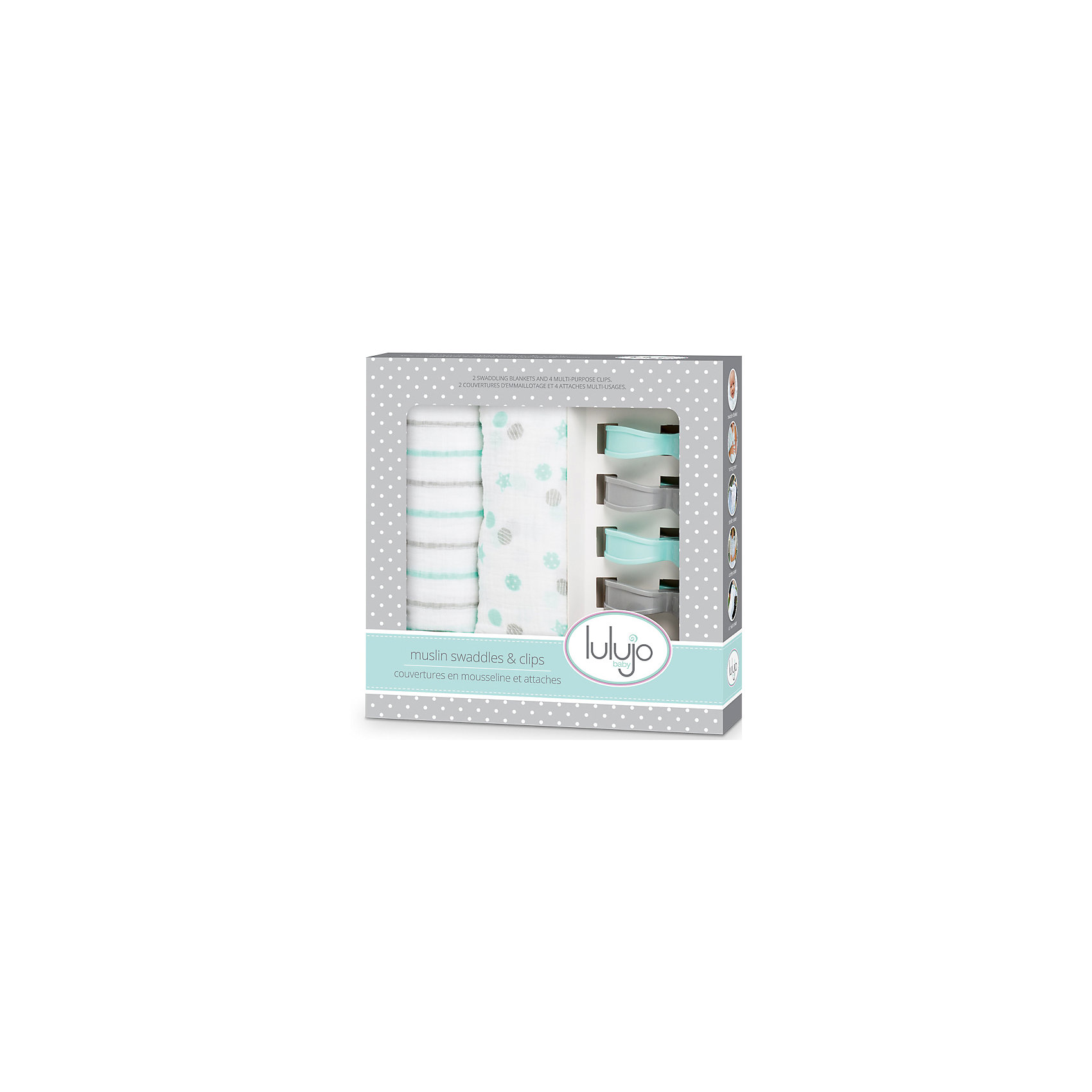 Муслиновая пелёнка Aqua 2 шт. с клипсами 4 шт., 120х120, Lulujo Муслиновая пелёнка Aqua 2 шт. с клипсами 4 шт., 120х120, LulujoВсе для пеленания<br>Муслиновая пелёнка Aqua 2 шт. с клипсами 4 шт., 120х120, Lulujo - это набор из двух двухслойных мягких пеленок большого размера, предназначенных как для пеленания, так и покрывала или использования в виде обычных простыней. Четыре зажима, совпадающих с пеленками по цвету позволяют вешать пеленки на коляски, или в машине, защищая малыша от ярких солнечных лучей. Приятные рисунки цвета морской волны и серого цвета помогут создать атмосферу уюта, а хлопковый муслин обеспечит малышу комфорт и тепло, материал отлично пропускает воздух, с этой тканью кожа ребенка дышит.<br>Дополнительная информация:<br><br>- В комплект входит: 2 пеленки, 4 зажима<br>- Тип ткани: Муслин<br>- Состав: 100% хлопок, пластик<br>- Размер: 120 * 120 см. <br>- Cтирка: машинная, 40 градусов<br><br>Муслиновые пелёнки Aqua 2 шт. с клипсами 4 шт., 120х120, Lulujo можно купить в нашем интернет-магазине.<br>Подробнее:<br>• Для детей в возрасте: от 0 лет<br>• Номер товара: 4976071<br>Страна производитель: Турция<br><br>Ширина мм: 270<br>Глубина мм: 60<br>Высота мм: 270<br>Вес г: 536<br>Возраст от месяцев: 0<br>Возраст до месяцев: 36<br>Пол: Унисекс<br>Возраст: Детский<br>SKU: 4976071