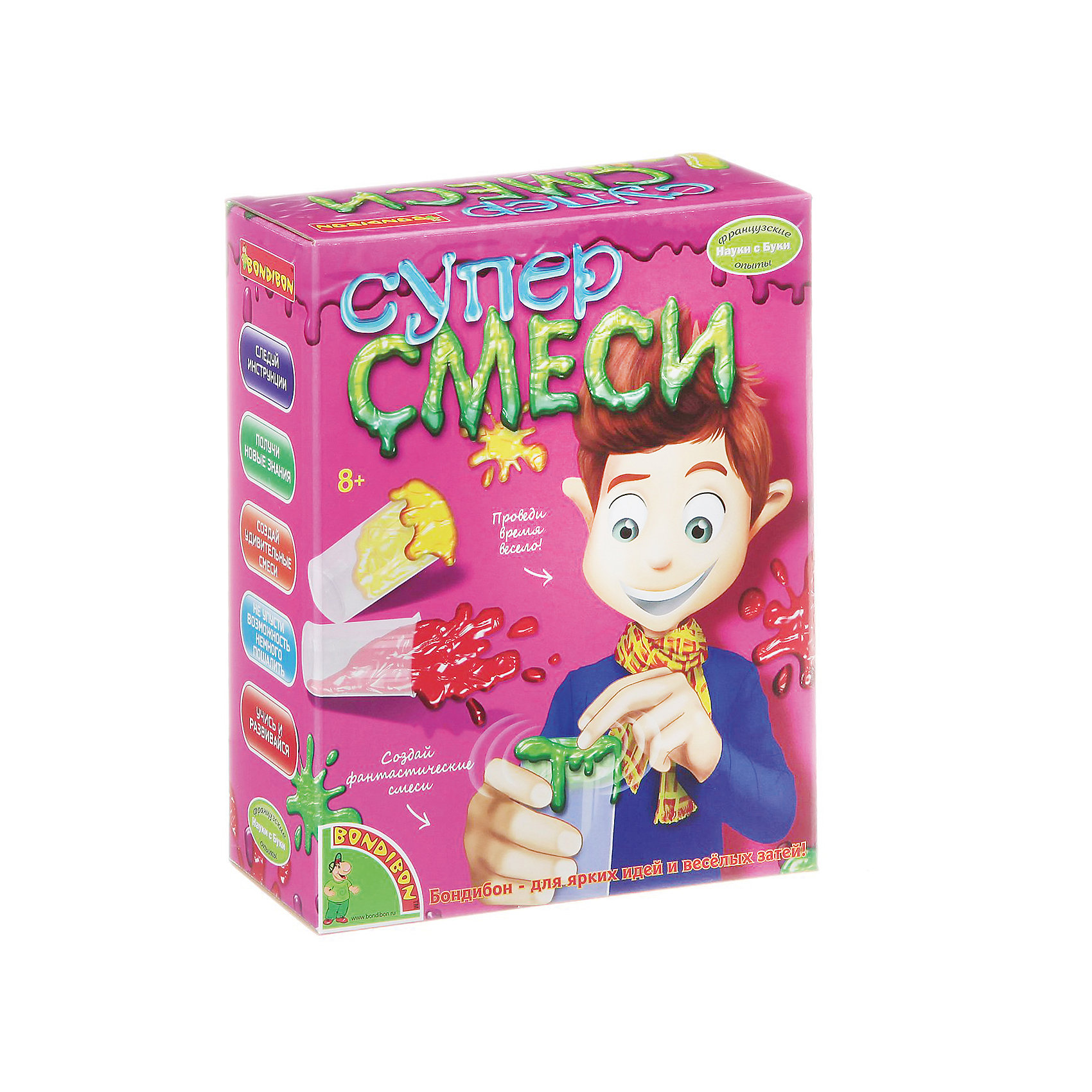 Французские опыты Суперсмеси Французские опыты СуперсмесиФранцузские опыты Суперсмеси - это научно-познавательный набор для изучения химии с помощью веселых и необычных экспериментов.<br>Набор Суперсмеси предназначен для приготовления различных смесей с помощью полимерных гелевых слизистых веществ. Слизь – это вязкое вещество. Оно превращается из жидкого в гелеобразное путем изменения химических связей между молекулами. Этот процесс превращения называется полимеризацией. С помощью этого набора ваш ребенок, проведя безопасную реакцию полимеризации, сможет приготовить самые разные смеси: чистую зеленую суперсмесь, ужасающий сгусток крови, фантастически противную смесь, с которыми можно придумать массу веселых шуток.<br><br>Дополнительная информация:<br><br>- В наборе: 5 гр порошка семян подорожника, 3 пакетика для хранения, 3 палочки, 3 колбы, ложка, 5 мг желтого красителя, 5 мг красного красителя, 5 мг зеленого красителя, контейнер для микроволновой печи, перчатки, блестки, инструкция<br>- Упаковка: картонная коробка<br>- Размер упаковки: 21,5 х 13 х 5,5 см.<br>- Вес: 280 гр.<br><br>Набор Французские опыты Суперсмеси можно купить в нашем интернет-магазине.<br><br>Ширина мм: 17<br>Глубина мм: 7<br>Высота мм: 22<br>Вес г: 279<br>Возраст от месяцев: 96<br>Возраст до месяцев: 144<br>Пол: Унисекс<br>Возраст: Детский<br>SKU: 4993161