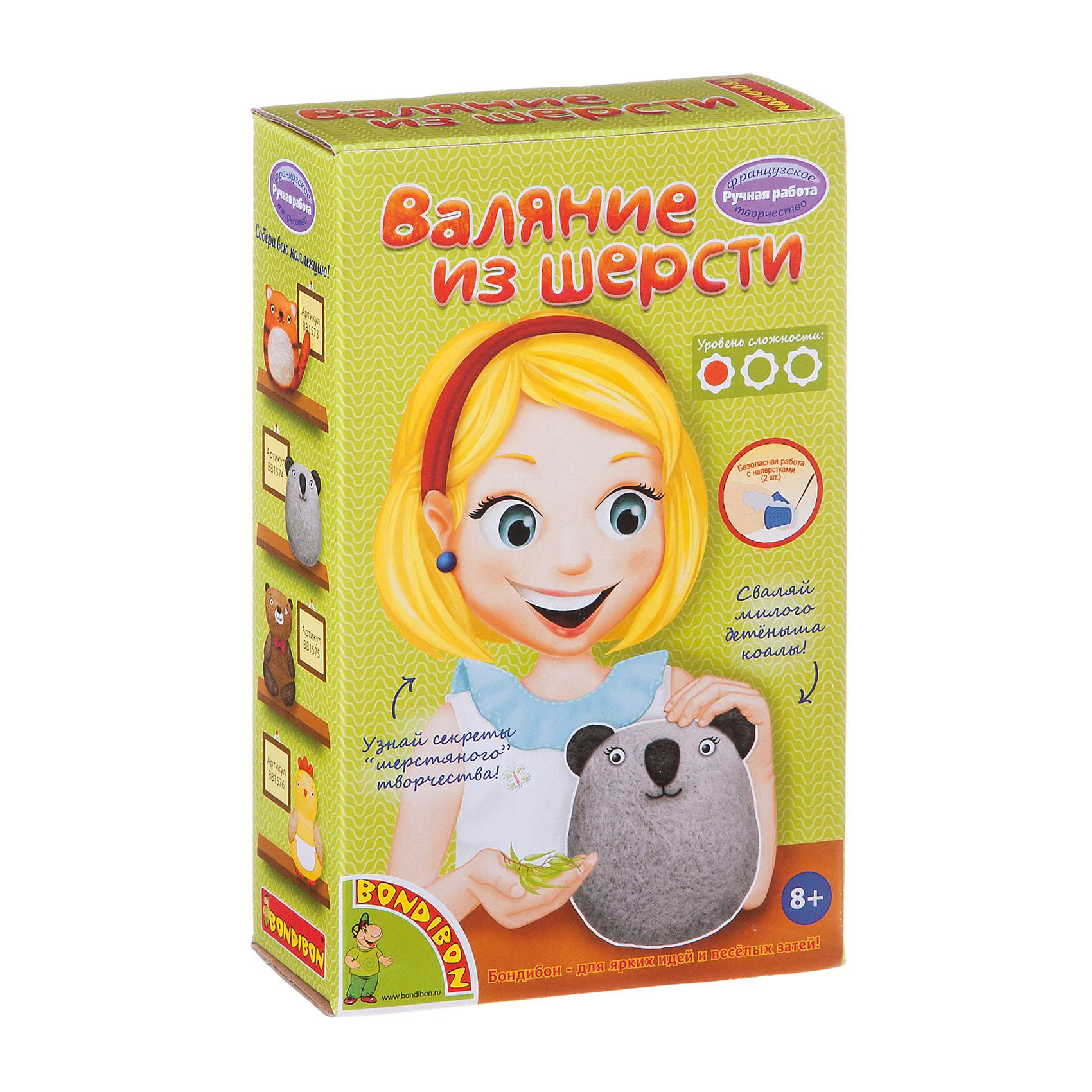Валяние из шерсти Коала Валяние из шерсти КоалаРукоделие<br>Торговая марка Bondibon представляет набор для творчества Валяние из шерсти - Коала. Следуя приложенной инструкции со схемой, ребенок получит приятного на ощупь забавного рыжего котика. Рукоделие поможет развить усидчивость, терпение, творческое воображение и ловкость рук. Валяние из шерсти успокаивает и снимает стресс.<br> Дополнительная информация:<br><br>- возраст: от 8 лет<br>- пол: для девочек<br>- комплект: шерсть, поролон, иголки, наперстки.<br>- размер упаковки: 13 * 5 * 20 см.<br>- упаковка: картонная коробка.<br>- количество иголок: 2.<br>- количество наперстков: 2.<br>- страна обладатель бренда: Бельгия.<br><br>Набор валяние из шерсти торговой марки Bondibon Коала можно купить в нашем интернет-магазине<br><br>Ширина мм: 20<br>Глубина мм: 5<br>Высота мм: 13<br>Вес г: 138<br>Возраст от месяцев: 96<br>Возраст до месяцев: 144<br>Пол: Женский<br>Возраст: Детский<br>SKU: 4993276