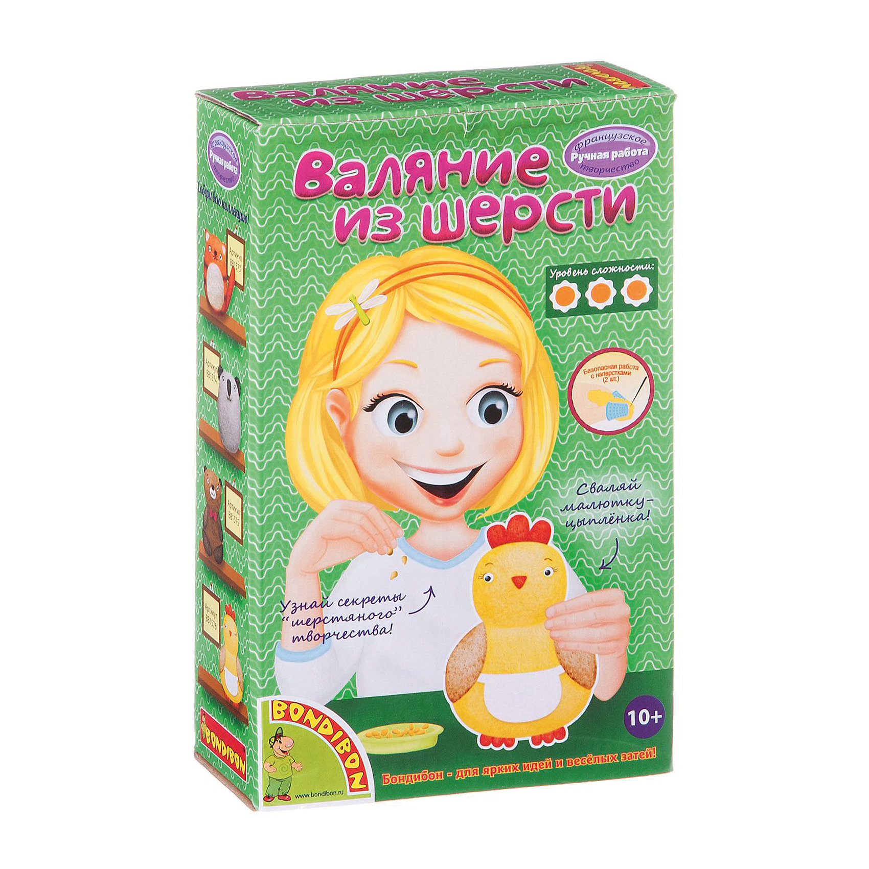 Валяние из шерсти Цыпленок Валяние из шерсти ЦыпленокРукоделие<br>Набор для творчества валяние из шерсти торговой марки Bondibon Цыпленок подарит Вашему ребенку возможность заняться одним из уникальных видов творчества и создать милую игрушку в виде цыпленка. Шерсть - это экологически чистый материал, игрушки из нее получаются очень необычными и приятными на ощупь. Набор для творчества состоит из всего самого необходимого, включая подробную инструкцию, которая поможет освоить данный вид ручной работы с нуля. Увлекательный набор по созданию игрушки из шерсти поможет Вашему ребенку развить усидчивость, фантазию и творческие навыки.<br><br> Дополнительная информация:<br><br>- возраст: от 8 лет<br>- пол: для девочек<br>- комплект: шерсть, поролон, иголки, наперстки.<br>- размер упаковки: 13 * 5 * 20 см.<br>- упаковка: картонная коробка.<br>- количество иголок: 2.<br>- количество наперстков: 2.<br>- страна обладатель бренда: Бельгия.<br><br>Набор валяние из шерсти торговой марки Bondibon Цыпленок можно купить в нашем интернет-магазине<br><br>Ширина мм: 20<br>Глубина мм: 5<br>Высота мм: 13<br>Вес г: 138<br>Возраст от месяцев: 96<br>Возраст до месяцев: 144<br>Пол: Женский<br>Возраст: Детский<br>SKU: 4993278