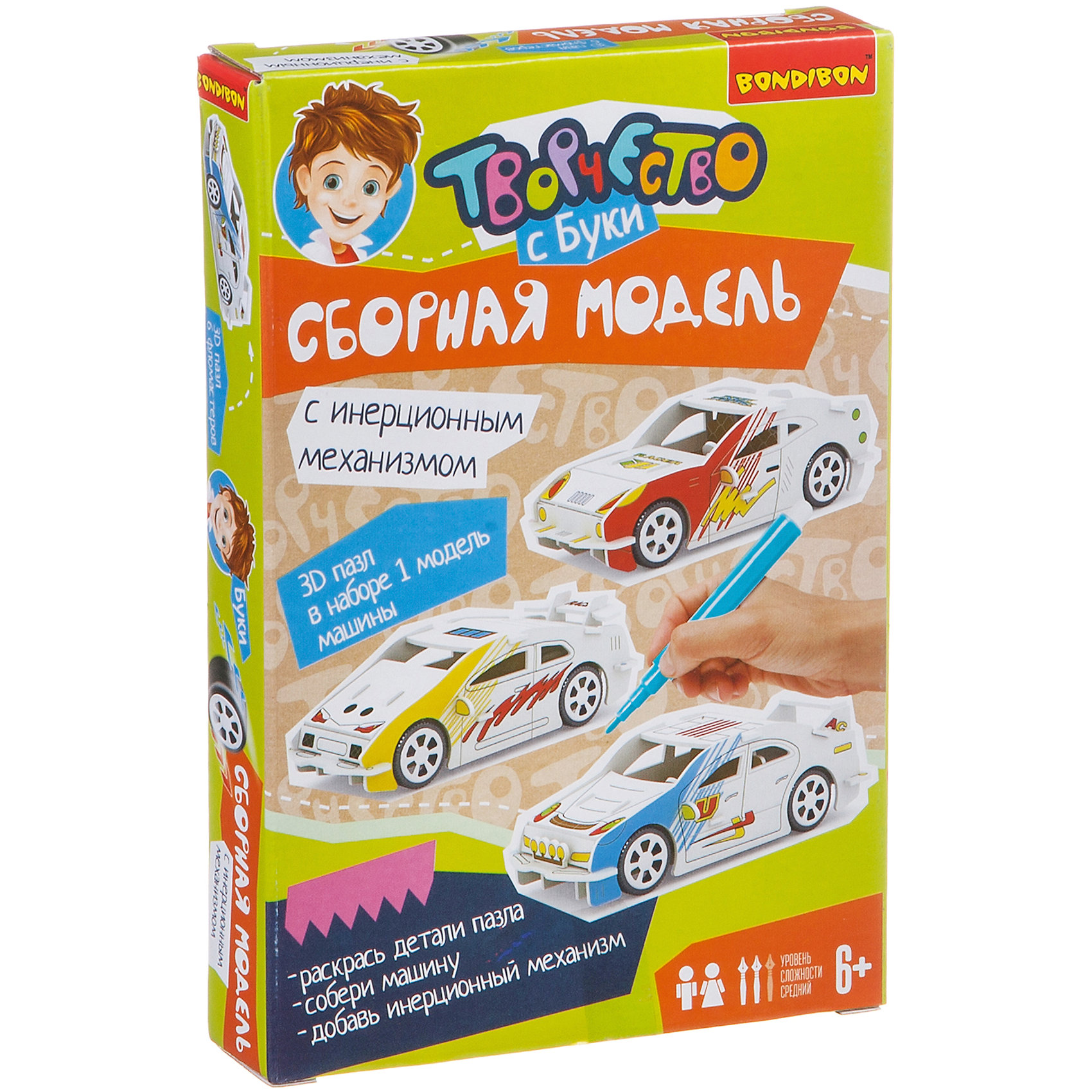 Сборная 3D-модель Гоночная машина Сборная 3D-модель Гоночная машинаРисование<br>Сборная модель с инерционным механизмом торговой марки Bondibon – это увлекательная, интересная, а главное еще и полезные игра, которая развивает усидчивость, фантазию, мелкую моторику и пространственное мышление. Ваш ребенок самостоятельно раскрасит, а затем сам соберет объемную машину с настоящим инерционным механизмом. <br><br>Дополнительная информация:<br><br>- возраст: от 6 лет<br>- пол: для мальчиков<br>- комплект: фломастеры, колесики, заводной механизм, картонная модель.<br>- материал: картон, резина.<br>- размер упаковки: 21 * 14* 3.2 см.<br>- упаковка: картонная коробка.<br>- страна обладатель бренда: Бельгия.<br><br>Сборную 3D-модель Гоночная машина торговой марки Bondibon можно купить в нашем интернет-магазине<br><br>Ширина мм: 21<br>Глубина мм: 4<br>Высота мм: 14<br>Вес г: 104<br>Возраст от месяцев: 72<br>Возраст до месяцев: 144<br>Пол: Мужской<br>Возраст: Детский<br>SKU: 4993306