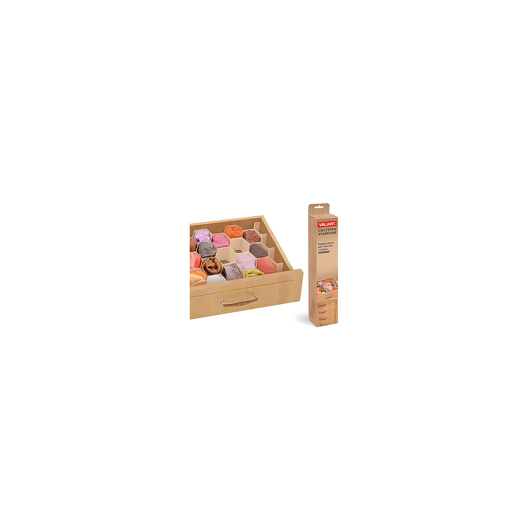 Разделители для ящиков СОТЫ, 8 шт., 37x7 см, DRAWER ORGANIZER, бежевый, Valiant Разделители для ящиков СОТЫ, 8 шт., 37x7 см, DRAWER ORGANIZER, бежевый, ValiantПорядок в детской<br>Разделители для ящиков СОТЫ, 8 шт., 37x7 см, DRAWER ORGANIZER, бежевый, Valiant (Валиант)<br>Разделители для ящиков СОТЫ от Valiant (Валиант) предназначены для организации пространства внутри мебельных ящиков и обеспечивают идеальный порядок, а также удобный доступ к содержимому. Теплый бежевый цвет идеально сочетается с популярной мебелью под дерево. Разделители изготовлены из высококачественного пластика, что обеспечивает их длительное использование.<br><br>Дополнительная информация:<br><br>- В комплекте: 8 деталей<br>- Размер детали: 36,3 х 6,7 см.<br>- Общий размер в собранном виде: 36,3x34 см.<br>- Подходят для любых ящиков высотой от 6,8 см.<br>- Размер одной «соты»: 8,4х7,6х6,7 см.<br>- Цвет: бежевый<br>- Материал: пластик<br><br>Разделители для ящиков СОТЫ, 8 шт., 37x7 см, DRAWER ORGANIZER, бежевые, Valiant (Валиант) можно купить в нашем интернет-магазине.<br><br>Ширина мм: 75<br>Глубина мм: 70<br>Высота мм: 410<br>Вес г: 533<br>Возраст от месяцев: 36<br>Возраст до месяцев: 1080<br>Пол: Унисекс<br>Возраст: Детский<br>SKU: 4993453