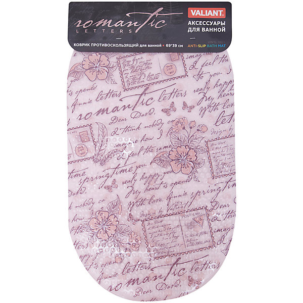Коврик для ванны, на присосах, 69*39 см, ROMANTIC LETTERS, Valiant Коврик для ванны, на присосах, 69*39 см, ROMANTIC LETTERS, ValiantТовары для купания<br>Коврик для ванны, на присосах, 69*39 см, ROMANTIC LETTERS, Valiant (Валиант) – этот стильный коврик обеспечит безопасность во время купания.<br>Противоскользящий коврик ROMANTIC LETTERS от Valiant (Валиант) - это хорошая защита детей и взрослых от неожиданных падений на гладкой мокрой поверхности. Расстелив коврик на дне ванной или на мокром полу из керамической плитки, Вы гарантировано не поскользнётесь. Коврик очень плотно крепится к мокрой поверхности множеством присосок, расположенных по всей изнаночной стороне. Отверстия, предназначенные для пропуска воды, способствуют лучшему сцеплению с поверхностью, таким образом, исключая скольжение. Принимая душ или ванную, постелите противоскользящий коврик. Это особенно актуально для семьи с маленькими детьми и пожилыми людьми. За счет рифленой и неоднородной поверхности, коврик обладает массажным эффектом. Коврик изготовлен из винила с антибактериальными добавками.<br><br>Дополнительная информация:<br><br>- Размер: 69х39 см.<br>- Форма: овал<br>- Материал: винил<br>- Цвет: розовый<br><br>Коврик для ванны, на присосах, 69*39 см, ROMANTIC LETTERS, Valiant (Валиант) можно купить в нашем интернет-магазине.<br><br>Ширина мм: 380<br>Глубина мм: 5<br>Высота мм: 730<br>Вес г: 542<br>Возраст от месяцев: 36<br>Возраст до месяцев: 1080<br>Пол: Унисекс<br>Возраст: Детский<br>SKU: 4993469