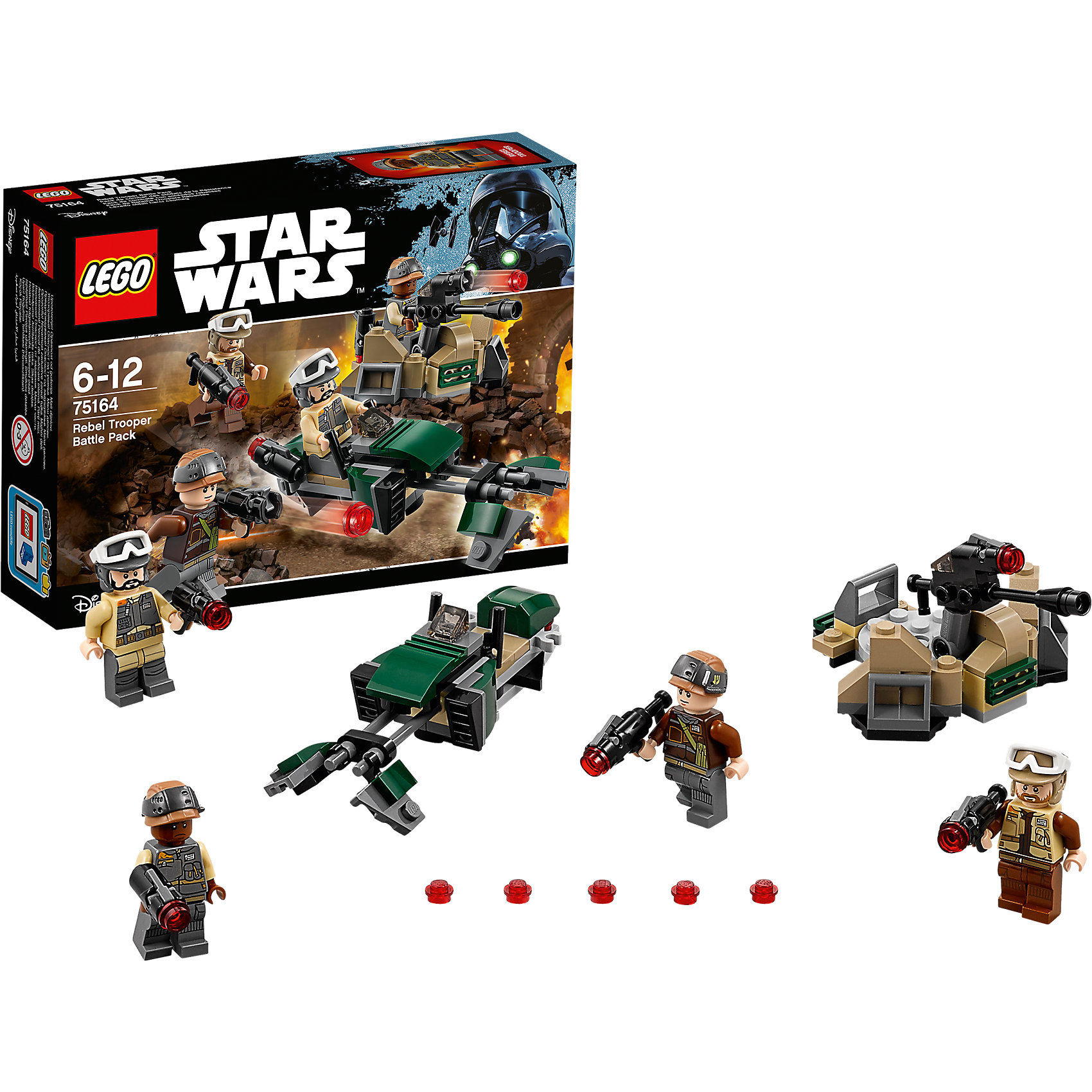 LEGO Star Wars 75164: Боевой набор Повстанцев LEGO Star Wars 75164: Боевой набор ПовстанцевПластмассовые конструкторы<br>LEGO Star Wars 75164: Боевой набор Повстанцев<br><br>Характеристики:<br><br>- в набор входит: детали линии обороны, спидер, 4 фигурки, аксессуары, инструкция<br>- состав: пластик<br>- количество деталей: 120<br>- примерное время сборки: 15 минут<br>- размер линии обороны: 9 * 5 * 7 см.<br>- размер спидера: 11 * 3 * 4 см.<br>- для детей в возрасте: от 6 до 12 лет<br>- Страна производитель: Дания/Китай/Чехия/<br><br>Легендарный конструктор LEGO (ЛЕГО) представляет серию «Звездные Войны» с героями одноименных фильмов. В этом наборе повстанцы заняты обороной города по мотивам фильма “Изгой-один. Звёздные войны: Истории”. Четыре фигурки повстанцев из набора облачены в униформу, но у каждого свой уникальный рисунок. У двоих повстанцев очки могут сниматься со шлема и надвигаться на глаза. К каждой фигурке прилагаются мощные бластеры, из которых можно стрелять красными детальками. Линия обороны состоит из множества маленьких деталек и выглядит вполне реалистично. Лазерная пушка может двигаться вверх-вниз и влево-вправо, специальный механизм позволяет стрелять детальками из этой пушки, в наборе есть запасные детали. Также в набор входит небольшой спидер повстанцев, который имеет специальные отделения для двух бластеров в кабине. Присоединись к команде повстанцев и совершенствуй свою силу. <br><br>Конструктор LEGO Star Wars 75164: Боевой набор Повстанцев можно купить в нашем интернет-магазине.<br><br>Ширина мм: 193<br>Глубина мм: 142<br>Высота мм: 50<br>Вес г: 120<br>Возраст от месяцев: 72<br>Возраст до месяцев: 144<br>Пол: Мужской<br>Возраст: Детский<br>SKU: 5002384