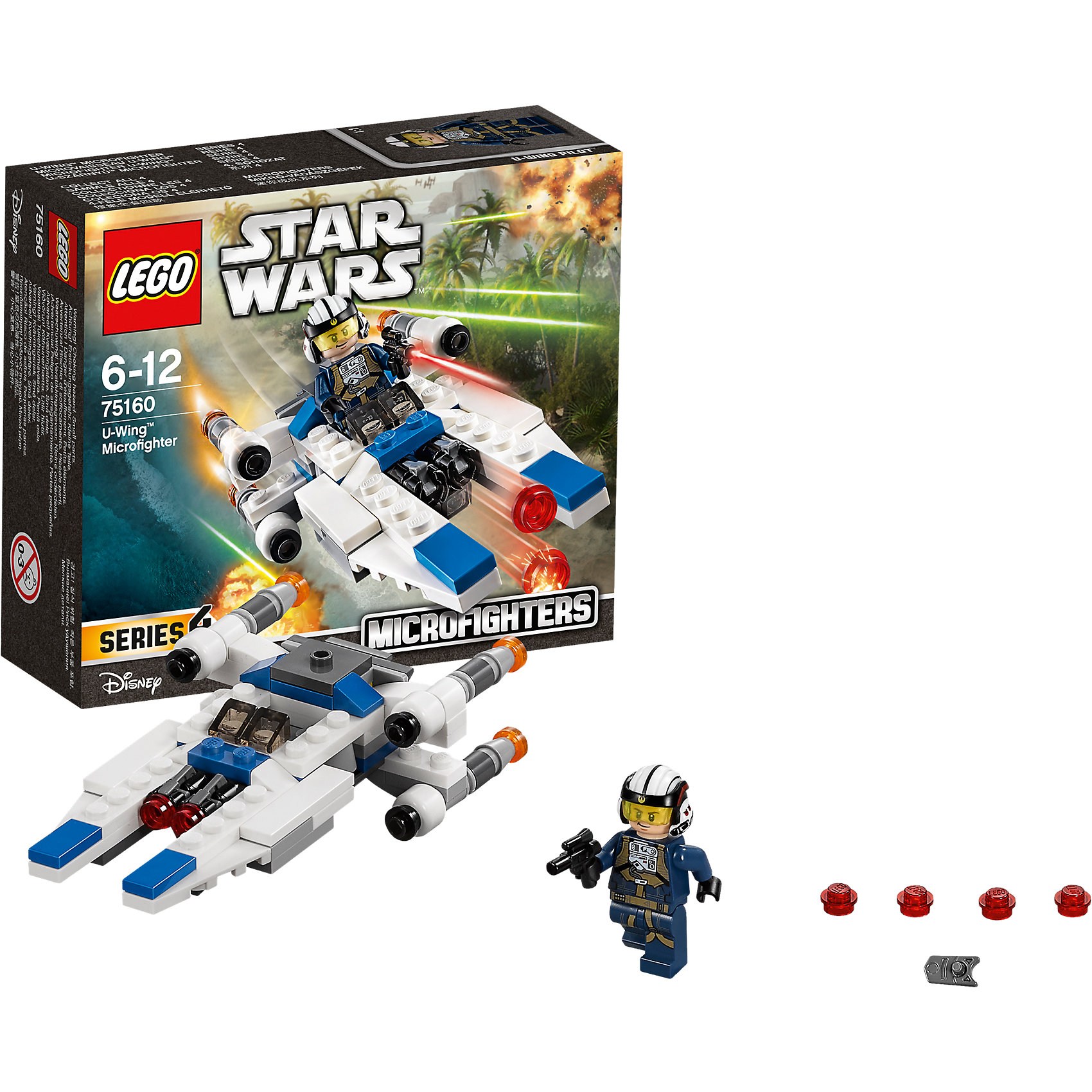 LEGO Star Wars 75160: Микроистребитель типа U LEGO Star Wars 75160: Микроистребитель типа UПластмассовые конструкторы<br>LEGO Star Wars 75160: Микроистребитель типа U<br><br>Характеристики:<br><br>- в набор входит: детали истребителя, 1 фигурка, аксессуары, инструкция<br>- состав: пластик<br>- количество деталей: 109<br>- примерное время сборки: 25 минут<br>- размер истребителя: 12 * 3 * 6 см.<br>- для детей в возрасте: от 6 до 12 лет<br>- Страна производитель: Дания/Китай/Чехия/<br><br>Легендарный конструктор LEGO (ЛЕГО) представляет серию “Звездные Войны” с героями одноименных фильмов. В набор входит Микроистребитель и фигурка пилота-повстанца. Отличная детализация комбинезона пилота добавляет фигурке реалистичности, а аксессуары в виде шлема с защитным стеклом и встроенными наушниками, а также бластера помогут выполнить даже самую сложную миссию. Пилот имеет два выражения лица. Судьба микроистребителя связана с событиями фильма “Изгой-один. Звёздные войны: Истории”. Дальнобойный истребитель с четырьмя мощными двигателями оснащен двумя передними пушками, сбивающих врагов. Пружинный механизм стреляет красными снарядами, в комплект входят дополнительные снаряды. Крылья истребителя двигаются для увеличения маневренности. Присоединись к команде повстанцев и совершенствуй свою силу. <br><br>Конструктор LEGO Star Wars 75160: Микроистребитель типа U можно купить в нашем интернет-магазине.<br><br>Ширина мм: 144<br>Глубина мм: 121<br>Высота мм: 48<br>Вес г: 99<br>Возраст от месяцев: 72<br>Возраст до месяцев: 144<br>Пол: Мужской<br>Возраст: Детский<br>SKU: 5002388