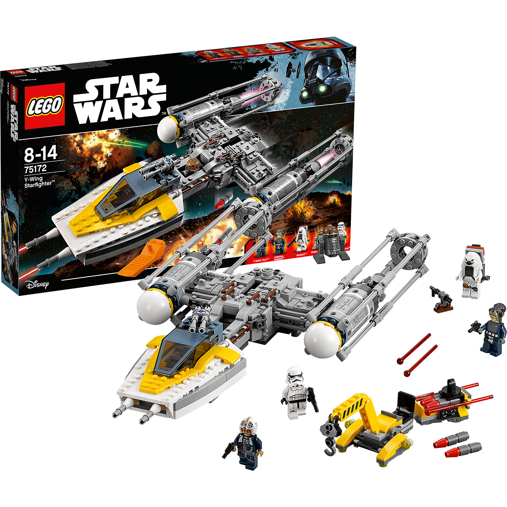 LEGO Star Wars 75172: Звёздный истребитель типа Y LEGO Star Wars 75172: Звёздный истребитель типа YПластмассовые конструкторы<br>LEGO Star Wars 75172: Звёздный истребитель типа Y<br><br>Характеристики:<br><br>- в набор входит: детали истребителя, детали погрузчика оружия, 5 фигурок, аксессуары, инструкция<br>- состав: пластик<br>- количество деталей: 691<br>- примерное время сборки: 3 часа<br>- размер истребителя: 41 * 20 * 7 см.<br>- размер погрузчика: 6 * 20 * 8 см.<br>- для детей в возрасте: от 8 до 14 лет<br>- Страна производитель: Дания/Китай/Чехия/<br><br>Легендарный конструктор LEGO (ЛЕГО) представляет серию «Звездные Войны» с героями одноименных фильмов. В набор входит сам истребитель и погрузчик боеприпасов на колесиках. Погрузчик с прицепом вмещает в себя боеприпасы и с помощью двигающегося манипулятора загрузит оружие и подготовит легендарный корабль повстанцев к битве. Звёздный истребитель типа Y это многофункциональное судно с функциями легкого бомбардировщика, обладает сокрушительной огневой мощью в ближнем бою. Прекрасно детализированная кабина пилота с приборной панелью-наклейкой оснащена оружием спереди и сверху. Две верхние пушки крутятся, а открывающаяся деталь кабины не требует наклеек, так как уже раскрашена на заводе. Прямо под корпусом кабины расположены две пружинные ракеты, которыми можно стрелять (дополнительные ракеты входят в набор) За кабиной пилота расположено место для дроида астромеханика. Очень детализированные корпус корабля содержит множество меленьких деталей. Отсек с бомбами содержит крутящийся механизм, позволяющий осуществлять бомбардировку и загружать новые бомбы. Два больших и реалистичных двигателя дополняются четырьмя наклейками. Прозрачная фиолетовая деталь показывает, что двигатель работает. Фигурки в наборе включают пилота корабля, Адмирала Раддуса, Мороффа, штурмовика и сборного робота астромеханика. Присоединись к команде повстанцев и совершенствуй свою силу. <br><br>Конструктор LEGO Star Wars 75172: Звёздный истребитель типа Y можно купить в нашем интернет-магазине.<br><br>Ширина мм: 482<br>Глубина мм: 284<br>Высота мм: 68<br>Вес г: 835<br>Возраст от месяцев: 96<br>Возраст до месяцев: 168<br>Пол: Мужской<br>Возраст: Детский<br>SKU: 5002391