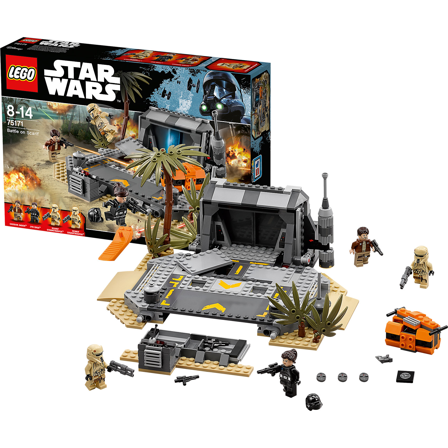 LEGO Star Wars 75171: Битва на Скарифе LEGO Star Wars 75171: Битва на СкарифеПластмассовые конструкторы<br>LEGO Star Wars 75171: Битва на Скарифе<br><br>Характеристики:<br><br>- в набор входит: детали военной базы, 4 фигурки, аксессуары, инструкция<br>- состав: пластик<br>- количество деталей: 419<br>- размер военной базы: 25 * 10 * 22 см.<br>- для детей в возрасте: от 8 до 14 лет<br>- Страна производитель: Дания/Китай/Чехия/<br><br>Легендарный конструктор LEGO (ЛЕГО) представляет серию «Звездные Войны» с героями одноименных фильмов. На отдаленной планете внешнего кольца под названием Скариф находится архив, где хранятся чертежи Звезды Смерти. Планета тропического типа имеет хорошо защищенную базу, охраняемую Галактической Империей. Отважные повстанцы Джин Эрсо и Кассиан Андо направились прямо в сердце врага чтобы получить чертежи и возможность разрушить губительное оружие. Противостоят героям имперские штурмовики (две фигурки в комплекте). Минифигурки выполнены с отличной проработкой деталей и имеют по два выражения лица. Два специальных бластера для героев уже в комплекте, а также 4 обыкновенных, в дополнение входит три детонатора и оптический бинокль, операция просто обречена на успех! Захвати чертежи и уходи через открывающиеся двери бункера, опасайтесь взрывающихся панелей пола базы. Дополнительное оружие ты сможешь найти спрятанным в специальном отсеке. Присоединись к команде повстанцев и совершенствуй свою силу.<br><br>Конструктор LEGO Star Wars 75171: Битва на Скарифе можно купить в нашем интернет-магазине.<br><br>Ширина мм: 382<br>Глубина мм: 266<br>Высота мм: 76<br>Вес г: 756<br>Возраст от месяцев: 96<br>Возраст до месяцев: 168<br>Пол: Мужской<br>Возраст: Детский<br>SKU: 5002392