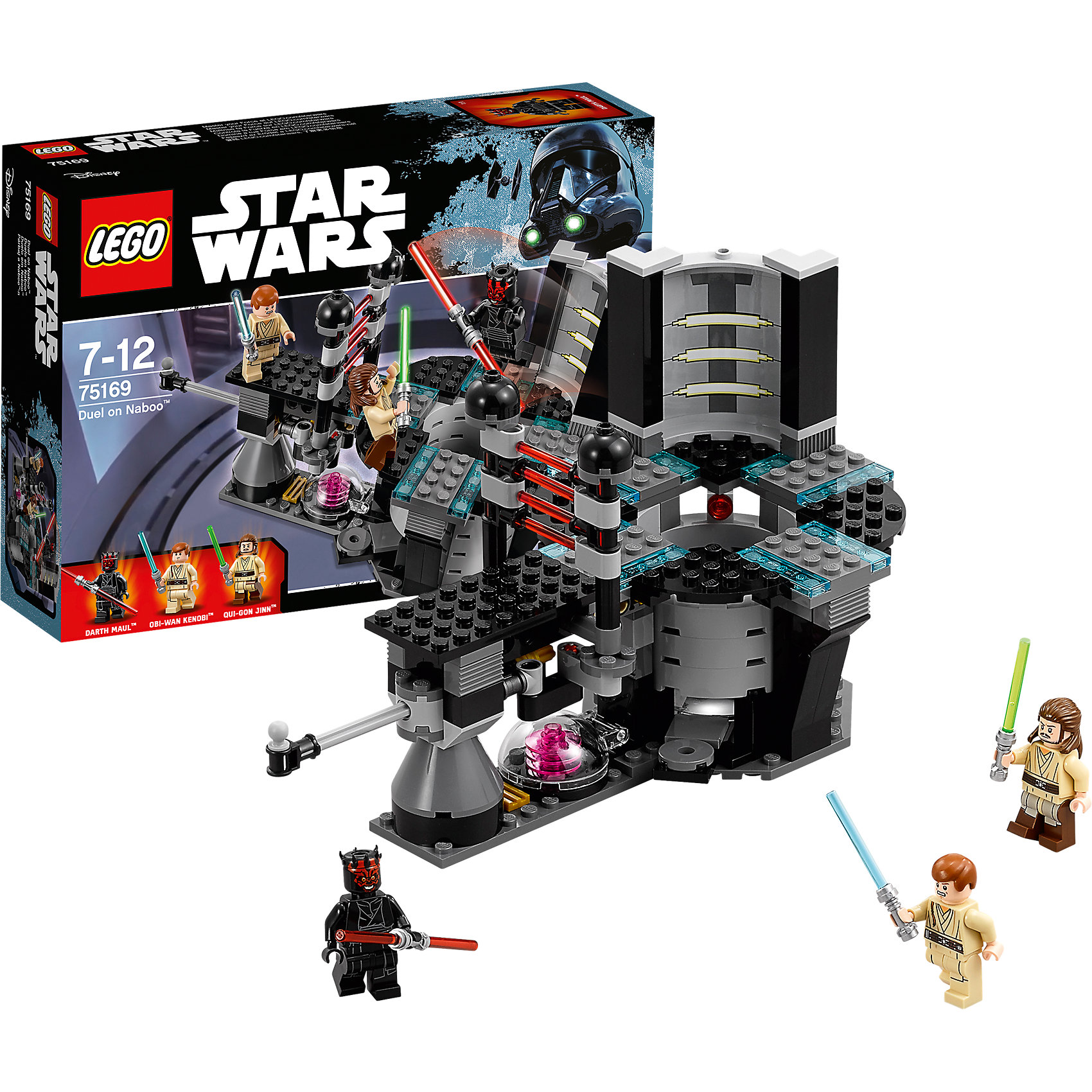 LEGO Star Wars 75169: Дуэль на Набу LEGO Star Wars 75169: Дуэль на НабуПластмассовые конструкторы<br>LEGO Star Wars 75169: Дуэль на Набу<br><br>Характеристики:<br><br>- в набор входит: конструктор, 3 фигурки, инструкция<br>- состав: пластик<br>- количество деталей: 208<br>- формат: 9 * 7,5 * 7 см.<br>- вес: 150 гр.<br>- для детей в возрасте: от 7 до 12 лет<br>- Страна производитель: Китай<br><br>Легендарный конструктор LEGO (ЛЕГО) представляет серию «Звездные Войны» с героями одноименных фильмов. Этот набор позволит моделировать финальную битву рыцарей-джедаев Квай-Гон Джинна и Оби-Ван Кеноби против темного владыки ситхов Дарта Мола из Эпизода I: Скрытая угроза. Учитель и ученик вступили в схватку с темной стороной силы во дворце королевы Амидалы на планете Набу. Дарт Мол силен, как никогда, ведь его оружие это двухстронний световой меч и подготовка высокого уровня. Световые детали мечей съемные и можно сделать меч односторонним, как в битве между Оби Ваном и Молом, или убирать лезвие вне битв. Сама комната с реактором совсем как в фильме, а голубые неоновые прозрачные детали ЛЕГО добавляют реалистичности. Красный световой барьер, отделяет Оби-Ван Кеноби, пока его учитель вступает в схватку, но специальный рычаг снимет барьер, выпустив падавана. Герои могут прыгать используя катапульту, а с помощью светлой силы ты можешь помочь рыцарям-джедая выполнять сальто и уворачиваться от ударов. Фигурки рыцарей имеют два вида выражения лица. Совершенствуй в себе силу с набором Дуэль на Набу и помоги любимым героям победить.<br><br>Конструктор LEGO Star Wars 75169: Дуэль на Набу можно купить в нашем интернет-магазине.<br><br>Ширина мм: 263<br>Глубина мм: 190<br>Высота мм: 66<br>Вес г: 353<br>Возраст от месяцев: 84<br>Возраст до месяцев: 144<br>Пол: Мужской<br>Возраст: Детский<br>SKU: 5002394