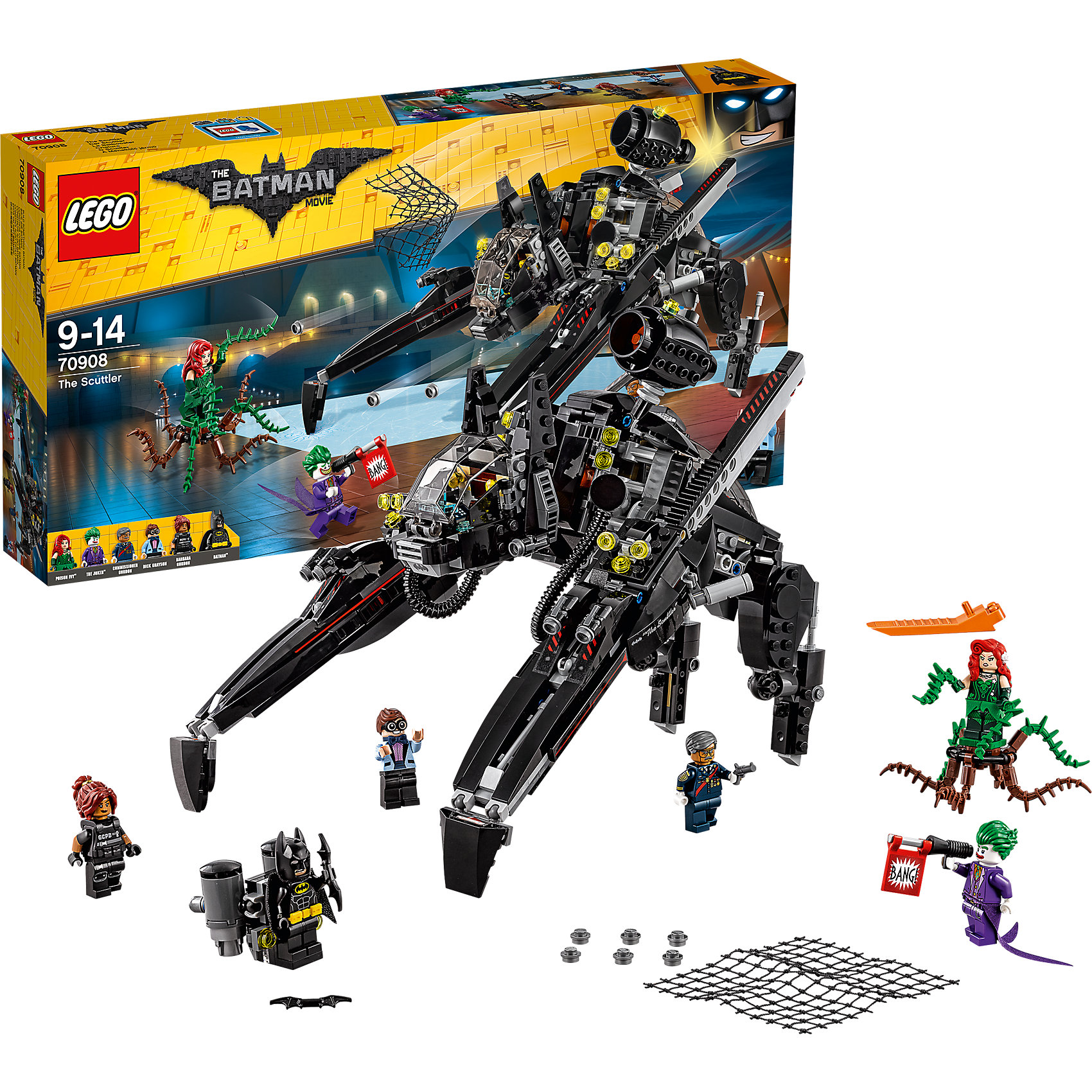LEGO Batman Movie 70908: Скатлер LEGO Batman Movie 70908: СкатлерПластмассовые конструкторы<br>LEGO Batman Movie 70908: Скатлер<br><br>Характеристики:<br><br>- в набор входит: детали скатлера, ядовитого плюща, 6 минифигурок, аксессуары, красочная инструкция<br>- минифигурки набора: Бэтмен, Барбара Гордон, Дик Грейсон, Комиссар Гордон, Джокер, Ядовитый Плющ.<br>- состав: пластик<br>- количество деталей: 775 <br>- размер скатлера: 27 * 22 * 25 см.<br>- размер ядовитого плюща: 11 * 5 * 11 см.<br>- примерное время сборки: 90 мин.<br>- для детей в возрасте: от 9 до 14 лет<br>- Страна производитель: Дания/Китай/Чехия<br><br>Легендарный конструктор LEGO (ЛЕГО) представляет серию «Batman Movie» (Бэтмен Муви) по сюжету одноименного лего мультфильма. Серия понравится любителям комиксов DC и историй о Бэтмене. <br><br>Этот большой набор кроме скатлера отличился отличным комплектом минифигурок, все они прекрасно прорисованы и детализированы, у всех по два выражения лица. Фигурка Ядовитого Плюща выглядит очень изящно, ее прическа отлично отражена в этой минифигурке, объемные длинные локоны отлично уложены, на ней нарисовано платье с корсетом, оно продолжается тканевой юбочкой, в руках у нее ядовитые побеги с шипами. Фигурка вставляется в подставку с дополнительными шипами. Джокер выглядит очень правдоподобно, на нем нарисован его классический фиолетовый костюм с продолжающимися тканевыми деталями, его прическа отлично детализирована, в руках пистолет с надписью «Бэнг». На Бэтмене его черный плащ и отдельный желтый пояс, за спиной большой рюкзак для полетов. Барбара Гордон носит съемный бронижилет и у нее отлично детализированная прическа, а комиссар Гордон здесь представлен в своей парадной форме. <br><br>Большой скатлер Бетмена это огромная механическая летучая мышь. Кабина – это голова летучей мыши, она поворачивается вверх и вниз, с двух сторон кабины расположены две пушки выстреливающие снарядами, на ногах расположены еще четыре такие пушки. В верхней части скатлера расположена пушка с сетью. Ножки скатлера можно продлевать, в них добавлены шарнирные детали. Сзади размещен отсек для рюкзака полетов Бэтмена. Помоги Бэтмену остановить преступников и восстановить порядок в Готем-сити вместе с набором серии «Batman Movie»<br><br>Конструктор LEGO Batman Movie 70908: Скатлер можно купить в нашем интернет-магазине.<br><br>Ширина мм: 540<br>Глубина мм: 284<br>Высота мм: 83<br>Вес г: 1109<br>Возраст от месяцев: 108<br>Возраст до месяцев: 168<br>Пол: Мужской<br>Возраст: Детский<br>SKU: 5002397