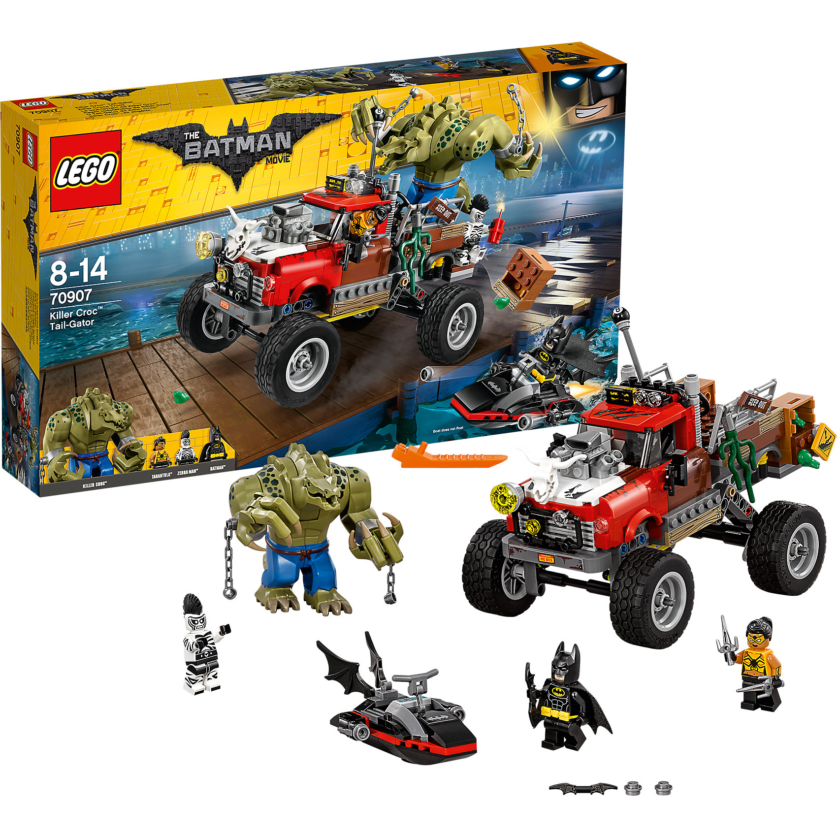LEGO Batman Movie 70907: Хвостовоз Убийцы Крока LEGO Batman Movie 70907: Хвостовоз Убийцы КрокаПластмассовые конструкторы<br>LEGO Batman Movie 70907: Хвостовоз Убийцы Крока<br><br>Характеристики:<br><br>- в набор входит: детали хвостовоза, фигура Крока, 3 минифигурки, аксессуары, красочная инструкция<br>- минифигурки набора: Бэтмен, Человек-Зебра, Тарантула<br>- состав: пластик<br>- количество деталей: 460 <br>- размер упаковки: 28 * 7,5 * 48 см.<br>- размер хвостовоза: 20 * 11 * 15 см.<br>- размер катера: 9 * 6 * 4 см.<br>- высота Убийцы Крока: 9 см.<br>- примерное время сборки: 40 мин.<br>- для детей в возрасте: от 8 до 14 лет<br>- Страна производитель: Дания/Китай/Чехия<br><br>Легендарный конструктор LEGO (ЛЕГО) представляет серию «Batman Movie» (Бэтмен Муви) по сюжету одноименного лего мультфильма. Серия понравится любителям комиксов DC и историй о Бэтмене. <br><br>Большой внедорожник с обширным кузовом для Крока содержит множество необычных деталей - доски, водоросли, ящики, лягушки. Подвеску задних колес можно регулировать, кабина одноместная, а руль и трансмиссия выходят из кабины в кузов, позволяя Кроку управлять ею. Специальный крутящийся механизм позволяет сбрасывать ящики на преследователей. На капоте размещен череп рогатого животного, добавляя опасности в образ Хвостовоза. Части мощного мотора выступают наружу, капот оснащен полупрозрачными деталями, имитируя освещение. Массивные боковые зеркала делают внедорожник еще реалистичнее. В набор входит и небольшой катер Бэтмена. Катер оснащен панелью управления, есть специальное место для бэтаранга, штурвал и две пружинные ракеты.<br><br>Сам Бэтмен представлен в своем классическом черном костюме с черной маской, черным плащом и отдельным желтым поясом, у фигурки два выражения лица. У Тарантулы необычная прическа с рельефными и детализированными волосами, два выражения лица, в набор вошло и ее оружие – два сая серебряного цвета. <br><br>Второй злодей в наборе - это Человек-Зебра с интересным ирокезом. Убийца Крок выполнен в нескольких цветах пластика, его кисти вращаются, пальцы двигаются, голова перемещается назад и вперед, а пасть открывается. Отличный соперник для супергероя! Помоги Бэтмену остановить преступников и восстановить порядок в Готем-сити!<br><br>Конструктор LEGO Batman Movie 70907: Хвостовоз Убийцы Крока можно купить в нашем интернет-магазине.<br><br>Ширина мм: 482<br>Глубина мм: 284<br>Высота мм: 81<br>Вес г: 850<br>Возраст от месяцев: 96<br>Возраст до месяцев: 168<br>Пол: Мужской<br>Возраст: Детский<br>SKU: 5002398