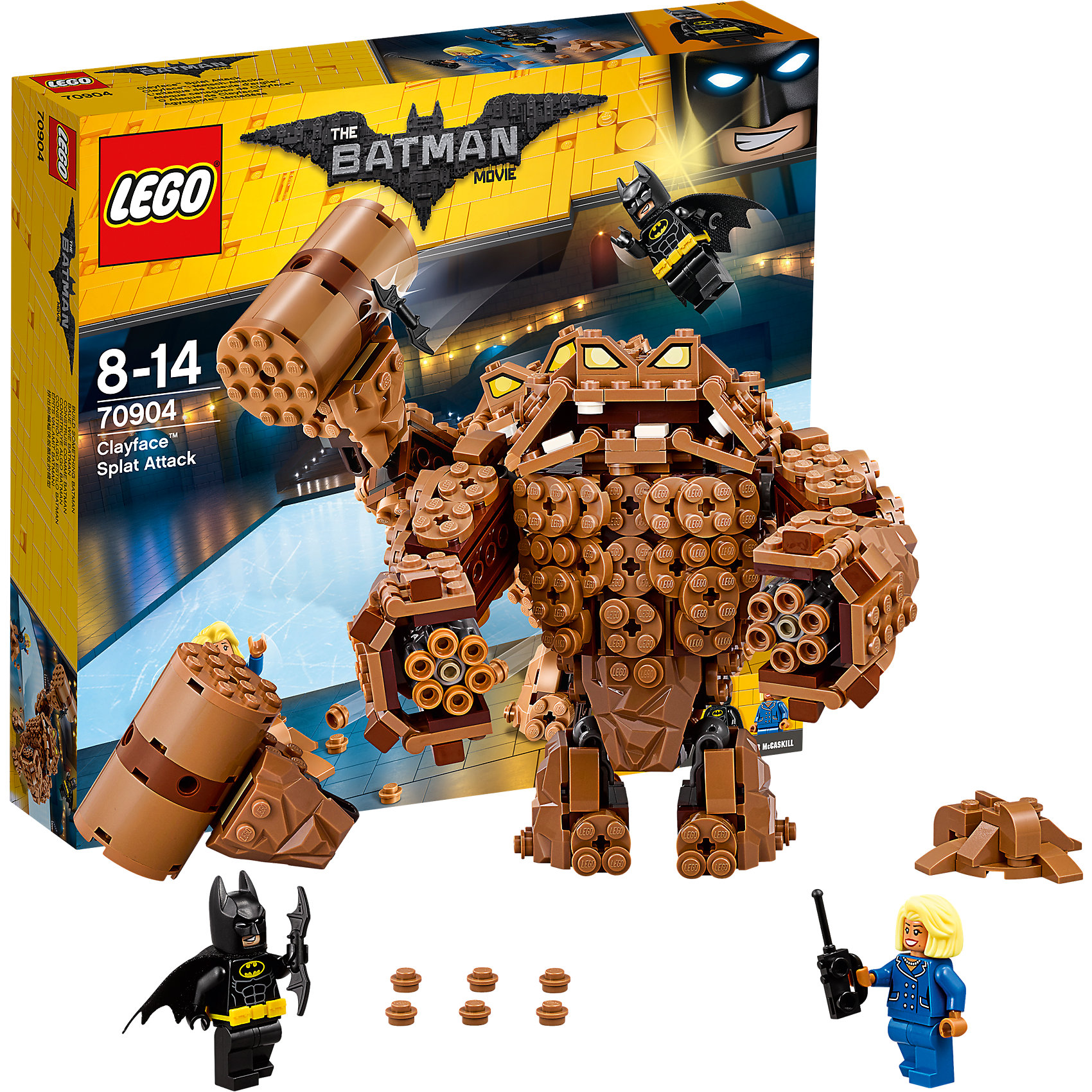 LEGO Batman Movie 70904: Атака Глиноликого LEGO Batman Movie 70904: Атака ГлиноликогоПластмассовые конструкторы<br>LEGO Batman Movie 70904: Атака Глиноликого<br><br>Характеристики:<br><br>- в набор входит: детали Глиноликого, 2 минифигурки, аксессуары, красочная инструкция<br>- минифигурки набора: Бэтмен, мэр МакКаскил<br>- состав: пластик<br>- количество деталей: 448 <br>- высота Глиноликого: 14 см.<br>- размер ловушки: 4 * 2 * 4 см.<br>- примерное время сборки: 30 мин.<br>- для детей в возрасте: от 8 до 14 лет<br>- Страна производитель: Дания/Китай/Чехия<br><br>Легендарный конструктор LEGO (ЛЕГО) представляет серию «Batman Movie» (Бэтмен Муви) по сюжету одноименного лего мультфильма. Серия понравится любителям комиксов DC и историй о Бэтмене. <br><br>Глиноликий напал на мэра Готем-сити, пока все отмечали уход на пенсию любимого всеми комиссара Гордона. Глиноликий вооружен и очень опасен, шестизарядная пушка может стрелять сразу шестью кусками глины. Руки и ноги злодея двигаются во все стороны, потому что они выполнены на шарнирных ЛЕГО-деталях. Монстр прекрасно детализирован и выглядит устрашающе. <br><br>На помощь мэру спешит Бэтмен. Он представлен в своем классическом черном костюме, на нем черный тканевый плащ и желтый съемный пояс, в руках Бэтмена бетаранг. Фигурка мэра отлично прорисована, ее объемные волосы уложены в прическу. Обе фигурки оснащены двумя выражениями лица. Помоги Бэтмену восстановить порядок в Готем-сити вместе с набором серии «Batman Movie»<br><br>Конструктор LEGO Batman Movie 70904: Атака Глиноликого можно купить в нашем интернет-магазине.<br><br>Ширина мм: 284<br>Глубина мм: 266<br>Высота мм: 63<br>Вес г: 520<br>Возраст от месяцев: 96<br>Возраст до месяцев: 168<br>Пол: Мужской<br>Возраст: Детский<br>SKU: 5002399