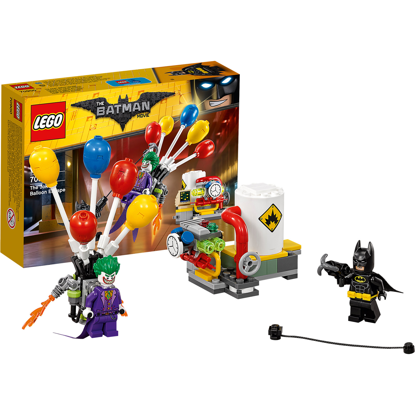 LEGO Batman Movie 70900: Побег Джокера на воздушном шаре LEGO Batman Movie 70900: Побег Джокера на воздушном шареПластмассовые конструкторы<br>LEGO Batman Movie 70900: Побег Джокера на воздушном шаре<br><br>Характеристики:<br><br>- в набор входит: детали топливной станции, 2 минифигурки, аксессуары, красочная инструкция<br>- минифигурки набора: Джокер, Бэтмен<br>- состав: пластик<br>- количество деталей: 124 <br>- размер рюкзака с шариками: 11 * 4 * 9 см.<br>- размер топливной станции: 6 * 7 * 6 см.<br>- примерное время сборки: 20 мин.<br>- для детей в возрасте: от 8 до 14 лет<br>- Страна производитель: Дания/Китай/Чехия<br><br>Легендарный конструктор LEGO (ЛЕГО) представляет серию «Batman Movie» (Бэтмен Муви) по сюжету одноименного лего мультфильма. Серия понравится любителям комиксов DC и историй о Бэтмене. <br><br>Фигурка Джокера выполнена очень качественно с интересными прорисовками его костюма и тканевым продолжением его фиолетового фрака. Два новых выражения лица позволят придумать множество сценариев игры. Фигурка Бэтмена также выполнена прекрасно, классический черный костюм Бэтмена с плащом, желтым ремнем и черной маской. Сам герой оснащен устройством с крюком для быстрого перемещения. Реактивный ранец Джокера поднимает его ввысь чтобы осуществить свой план побега. Ранец крепится на отдельную прозрачную деталь, шарики ранца можно фиксировать в любой позиции. Топливная станция оснащена всеми необходимыми знаками о взрывоопасности, кнопками, компьютером управления, деталей-вентелем для труб. Специальная функция отделяет цистерну имитируя взрыв. Джокера можно ставить на вершину цистерны. <br><br>Прекрасный набор радует поклонников новыми деталями, а также содержит двух самых главных героев мультфильма. Набор объединяется с двумя другими наборами серии - 70910:Пугало, специальная доставка и 76081: Ледяная aтака Мистера Фриза позволя сделать уникальные сценки.<br><br>Конструктор LEGO Batman Movie 70900: Побег Джокера на воздушном шаре можно купить в нашем интернет-магазине.<br><br>Ширина мм: 195<br>Глубина мм: 139<br>Высота мм: 48<br>Вес г: 139<br>Возраст от месяцев: 72<br>Возраст до месяцев: 144<br>Пол: Мужской<br>Возраст: Детский<br>SKU: 5002403