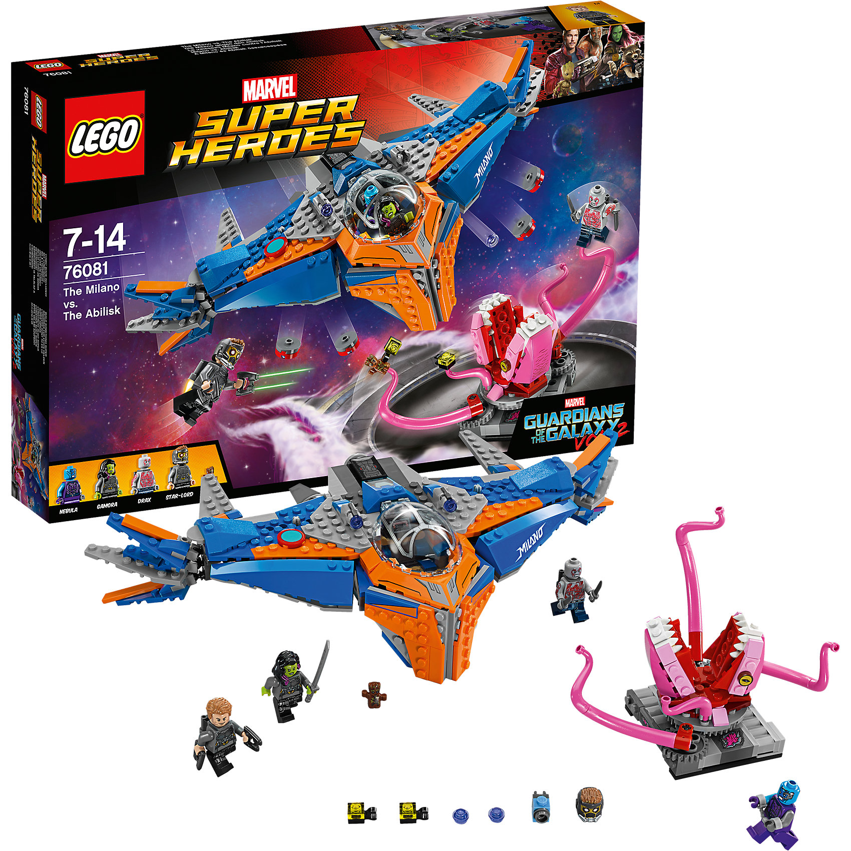 LEGO Super Heroes 76081: Милано против Абелиска LEGO Super Heroes 76081: Милано против АбелискаПластмассовые конструкторы<br>LEGO Super Heroes 76081: Милано против Абелиска<br><br>Характеристики:<br><br>- в набор входит: детали 2 кораблей и декораций, 4 минифигурки, аксессуары, книга комиксов, красочная инструкция по сборке<br>- минифигурки набора: Звёздный Лорд, малыш Грут, Гамора, Дракс,Небула<br>- состав: пластик<br>- количество деталей: 460<br>- размер упаковки: 38 * 6 * 26 см.<br>- для детей в возрасте: от 7 до 14 лет<br>- Страна производитель: Дания/Китай/Чехия<br><br>Легендарный конструктор LEGO (ЛЕГО) представляет серию «Marvel Super Heroes» (Супер герои Марвел) по сюжетам фильмов, мультфильмов и комиксов о супергероях. <br><br>Этот набор понравится любителям фильмов Marvel Стражи галактики. Минифигурки набора выглядят ярко, очень качественно проработаны, в их разработке были использованы уникальные детали не встречающиеся в других наборах. Звёздный Лорд представлен в новом более детализированном дизайне костюма со шлемом, который снимается, а также новым оружием и рюкзаком для полетов. Гамора с рельефной двухцветной прической выглядит очень реалистично, в руках она держит меч. Минифигурка Дракса выглядит впечатляюще с новым дизайном лица, его тело разрисовано как на руках, так и на ногах, за плечами съемный рюкзак для полетов. Малыш Грут отлично выполнен, несмотря на свой маленький размер, его лицо и элементы одежды четко прорисованы. Небула получила новый дизайн головы. <br><br>Милано - космический корабль отважной команды выглядит внушительно и оснащен множеством функций в виде двигающихся деталей крыльев, четырех нижних пушек, выстреливающих дисками и двух верхних пушек с механизмом стрельбы и небольшими снарядами. Двухместная кабина пилота открывается, на ней изображен стильный рисунок. Абелиск отлично выполнен, его челюсти двигаются, а щупальца могут захватывать героев в ходе битвы. Помоги героям выиграть эту битву со злом! <br><br>Играя с конструктором ребенок развивает моторику рук, воображение и логическое мышление, научится собирать по инструкции и создавать свои модели. Придумывайте новые истории любимых героев с набором LEGO «Marvel Super Heroes»!<br><br>Конструктор LEGO Super Heroes 76081: Милано против Абелиска можно купить в нашем интернет-магазине.<br><br>Ширина мм: 383<br>Глубина мм: 266<br>Высота мм: 63<br>Вес г: 721<br>Возраст от месяцев: 84<br>Возраст до месяцев: 168<br>Пол: Мужской<br>Возраст: Детский<br>SKU: 5002404